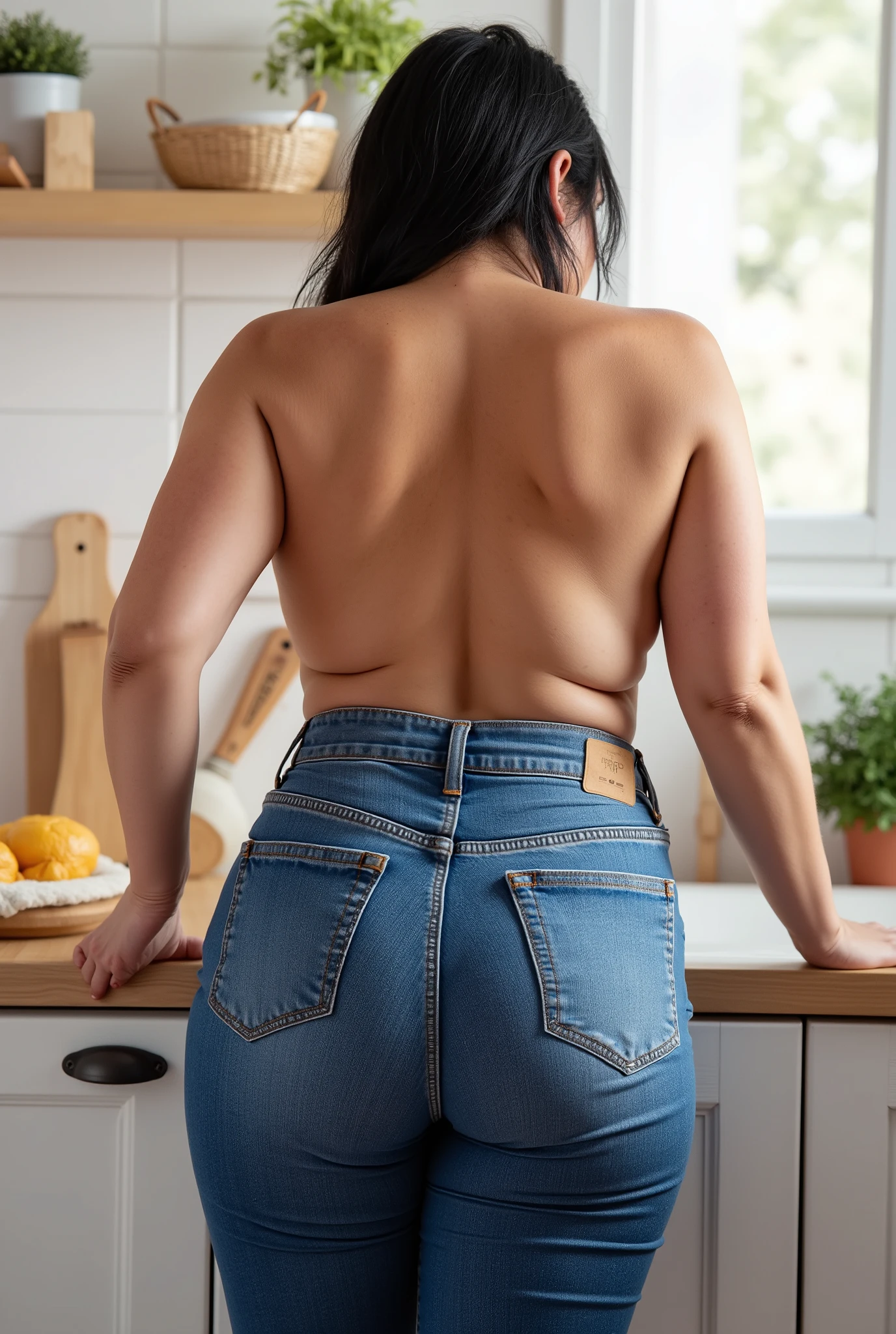 photorealistic rear portrait, mature woman leaning forward on kitchen counter, true back view with sharp focus on buttocks, ultra high-waisted tight jeans emphasizing natural wide hips, realistic mature figure with authentic curves, slightly arched posture creating alluring silhouette, bright kitchen setting, natural morning daylight streaming through windows