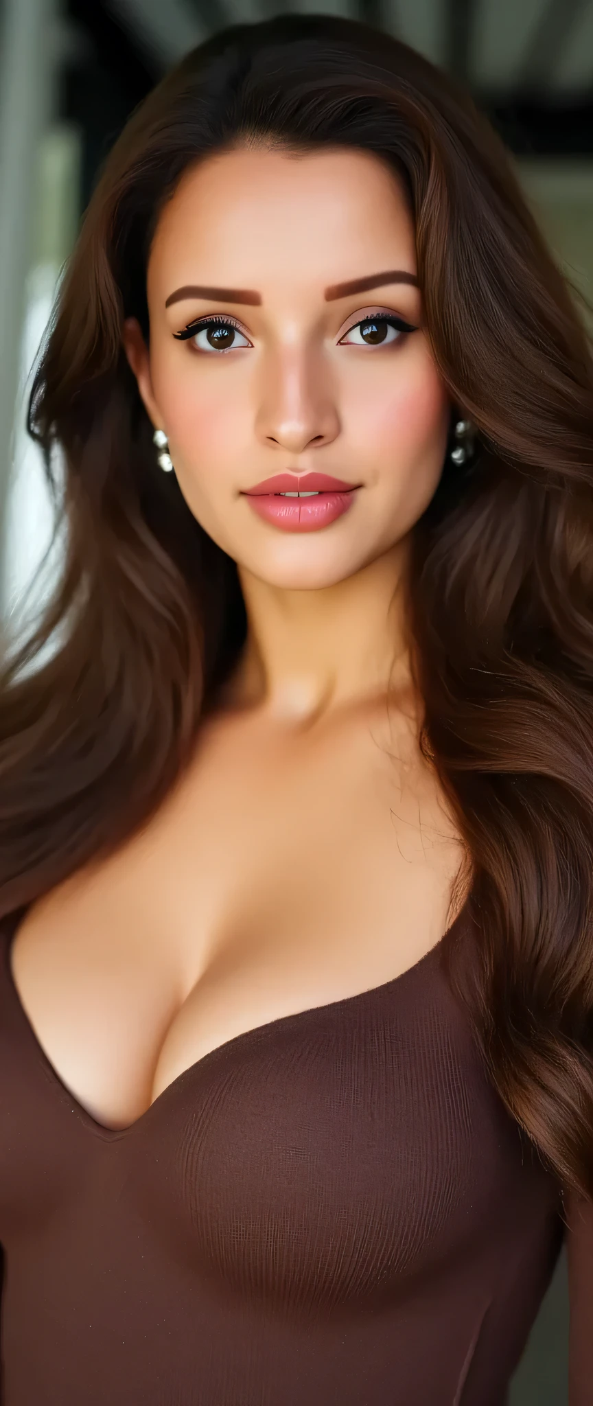 incredibly absurd long sexy brown hair style ,ultra-detailed, CG, unit, wallpaper 8k), (masterpiece), (realistic), (photorealistic: 1.2), (raw photo: 1.2), (best quality: 1.2), (detailed face: 1.4), (beautiful detailed eyes: 1.2), (detailed hair), light on face, huge file size, cinematic lighting, 1 girl, sexy, nsfw, eyeliner, kawaii, student, long hair, brown hair, ((wavy hair)), hair ornament, ((light blush)), ((soft under the eyes)), ((expressionless eyes)), blue eyes, ((large breasts)), fashi-g, red lips, makeup, shirt lift, ((brown deep neck sweater), black knees, high heels, jewelry, earrings, necklace, looking at the viewer, depth of field, big breast deep cleavage, beautiful face,mascara , front view , sexy long hair style, erotic looks , tight breast curves