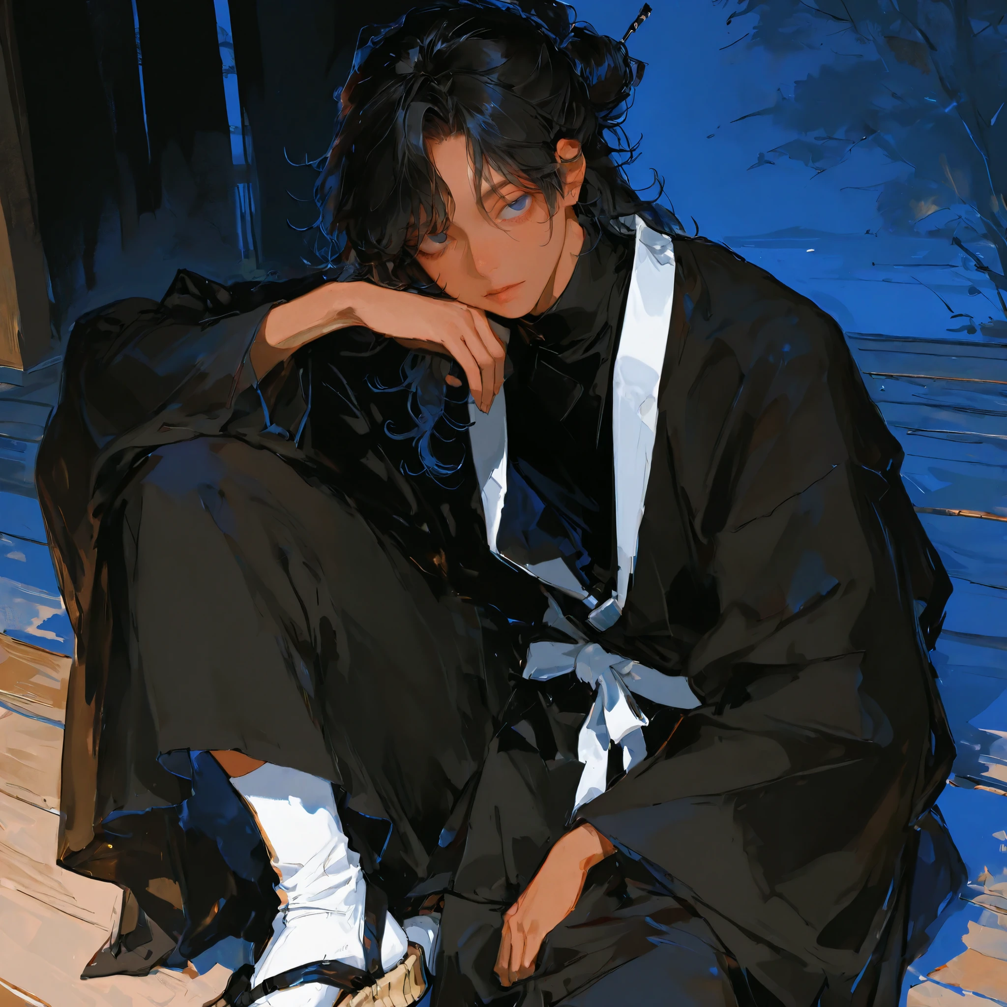 high resolution, masterpiece, accurate, anatomically correct, 最High Quality, high detail, high image quality model, handsomeな男性, teen male, alone, accurate, very detailed, tan skin, using delicate colors, handsome, 1 person , matte texture, masterpiece, best quality, very aesthetic, absurdres, solo, handsome, high resolution of the face, (The line drawing of the illustration is very thick and has a strong impression of the thick painting), The eyes are detailed and accurately drawn.

Perfect round eyes, male teenager, boy, black unkempt curly wavy hair, black hair bun, three need hair pens in bun, long wavy/curly hair, thick hair, flowing hair down the back, a black turtleneck, black robe with long sleeves, matching tattsuke bakama, white sash belt tied at the waist, black ninja sleeves, footwear is straw sandals, white tabi socks, gaiters tied to legs, iwagakure shinobi attire, tanned skin

16-year-old teenager, thick-painted taste, color is thickly painted, (thick line）, Clear taste, （Matte texture), （Skin like tanned ceramic）, The background is precisely drawn, Draw the background until the very last minute, Clear illustration taste, 男性1 personのみ,, （（It's dark and clearly drawn））
strong thick line, brushwork illustration, thick brushstrokes, rough brushwork, painterly style