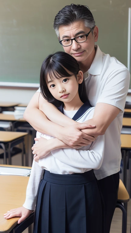 Highest quality、8K quality、Middle aged man sitting on chair、Male and female tutors、When a tutor in an elegant sailor uniform puts his hand inside a woman studying、10 year old Japanese girl in  rides guy:1.0、A man puts his hand inside a woman'Body:1.0、The woman is slim、White socks、The woman is reluctant but looks embarrassed、 (Perfect Fingers), (Perfect ), (Perfect Face)、Full body photo with shoes、Little Japan、