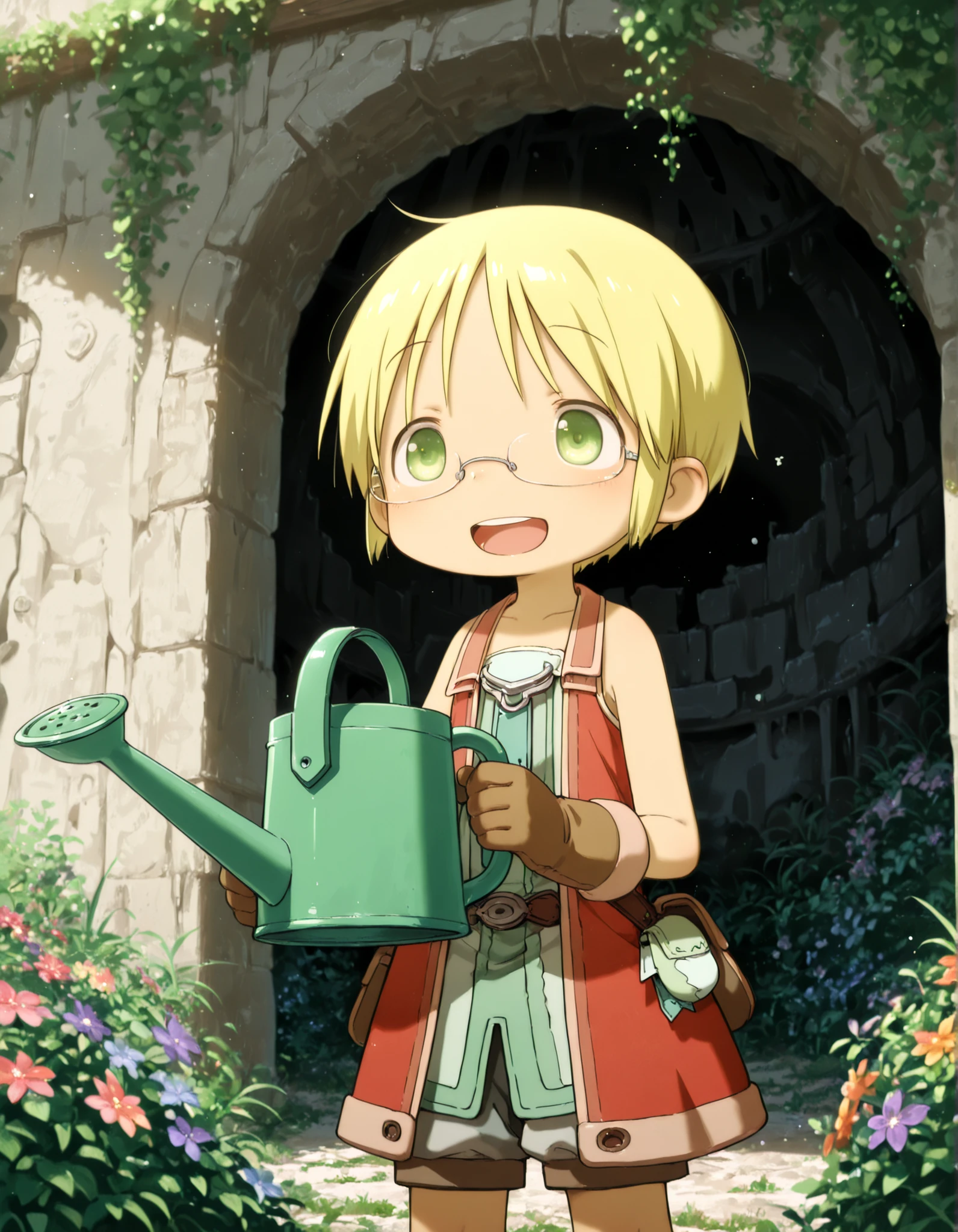 miabyss,, made in abyss,, solo, riko (made in abyss), akihito style, (best quality, detailed, masterpiece), very short hair, sidelocks, glasses, smile, :D, teeth, bangs, gloves, standing, watering plant, taking care of flower, holding watering can, ruined temple