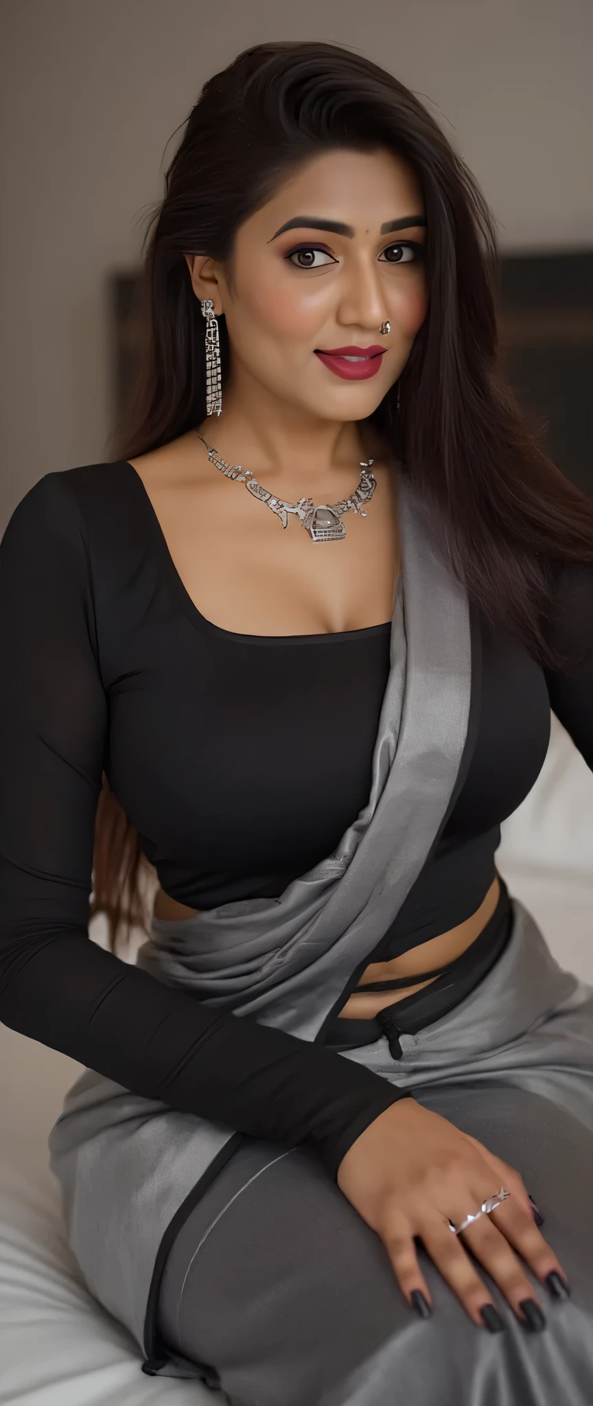 Close up photo of sexy vedhika , front view, curvy, hourglass figure, swooping breasts, deep cleavage, black and silver work blouse and saree,navel, belly button, sitting in a bed and doing push ups, look at viewer and subtle smile, French sexy long hair, necklace, ear rings, nose ring, jhumka, wearing jasmine flowers in hair perfectly tight breast nipples nice clevage seductive poses red lips full body front face nudes pink nipples pink nipples show erotic nudes jwellery ornaments nose piercing