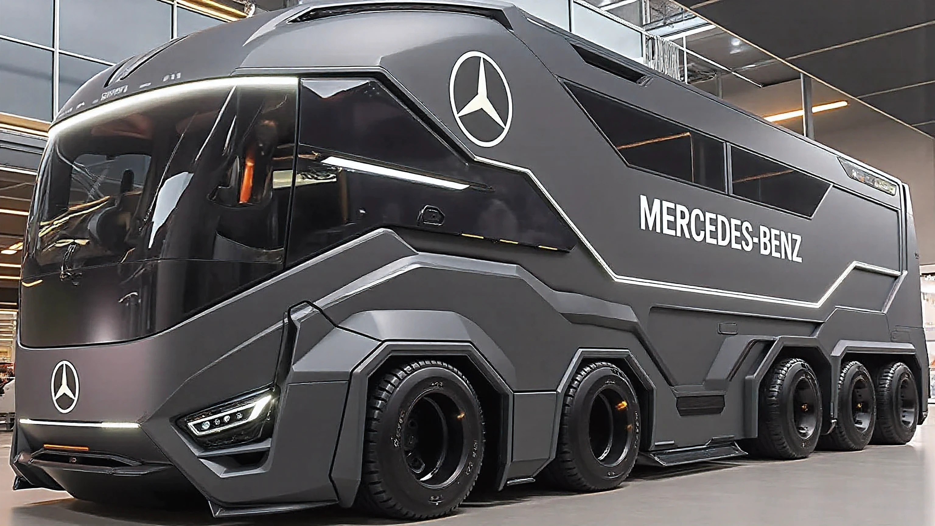 DE_style, A photorealistic 3D render of a futuristic armored-style luxury motorhome concept, designed with a bold, angular, and military-inspired aesthetic. The vehicle is matte metallic dark gray with sharp, geometric body lines and a commanding presence. Its front windshield is a massive, continuous wraparound black glass panel, heavily tinted and stretching across the entire upper front, with a thin glowing LED light strip running along the top edge.

The front fascia features aggressive styling with angular LED headlights and integrated futuristic air intakes. At the center of the front, a large Mercedes-Benz logo is prominently displayed, glowing softly to emphasize branding. The lower front bumper has a clean futuristic look with sleek light accents.

On the side of the vehicle, large bold glowing text clearly reads "MERCEDES", replacing any other wording. Another Mercedes-Benz logo is displayed on the upper side near the front, integrated into the matte body panel.

The vehicle is a multi-axle design with six massive rugged black off-road tires (three on each side at the rear and one set at the front), giving it a heavy-duty yet futuristic luxury appearance. The wheel arches are angular and armored-looking, reinforcing the futuristic concept aesthetic.

The upper side windows are long, narrow, and tinted black, stretching towards the back with a sleek, streamlined profile. The roof has sculpted futuristic detailing and vents, adding to the industrial-modern look.

The vehicle is placed inside a modern exhibition hall with polished flooring, industrial lighting on the ceiling in long parallel LED strips, and glass walls reflecting the futuristic bus. The environment adds to the cinematic, high-tech feel of the scene.