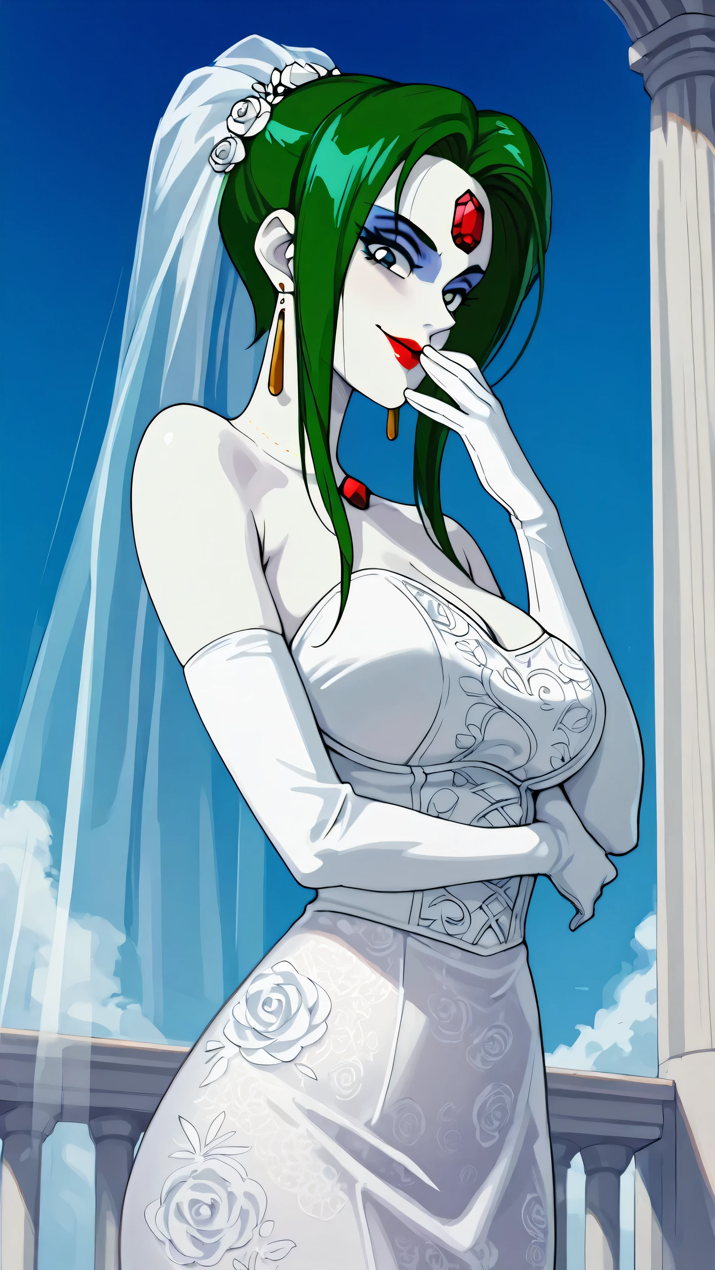 score_9,score_8_up ,score_7_up ,Very Cute Girl:5.0, masterpiece, high image quality, ,perfect face:5.0, very cute face, retro anime style,one girl, , heavy makeup:9.0 , green hair, white skin:5.0 , Red jewel on forehead, Shiny Red Lipstick, Big Bright Blue Eyes, Villain pose , solo, Close your mouth with a smile, 顔up, Slightly large breasts, 顔ドup, red lips, white full lace wedding dress, white long long gloves, Gold Elongated Earrings, Very Mocking Eyes, Villain facial expression, smile with her mouth closed, Outside the chapel, Blue Sky, Full lace skirt, I touched my butt with my hand, front angle