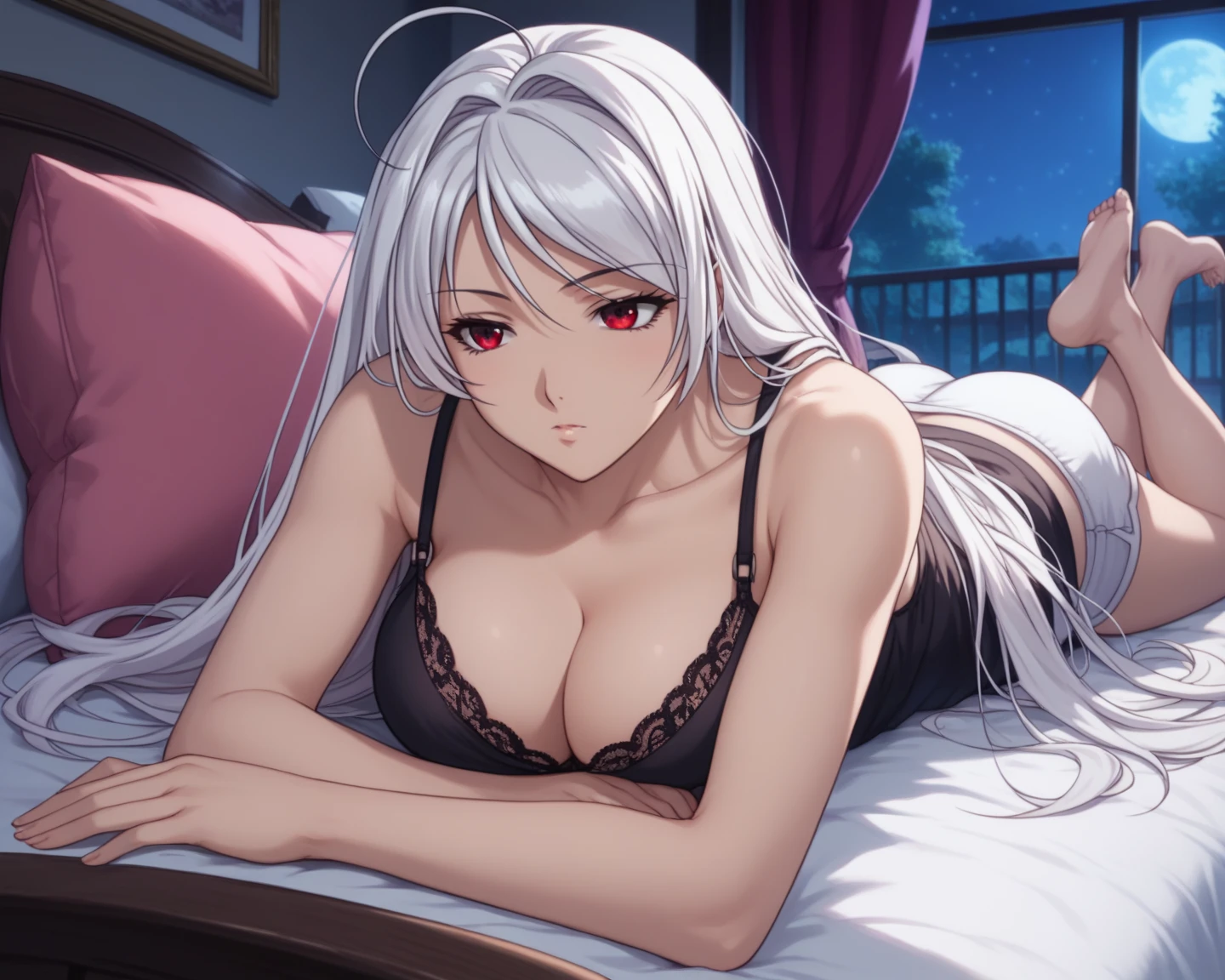 1 girl, long silver hair, red eyes with slit pupils, large ??????, white lingerie, white panties, garterbelt with white stocking, laying top of bed, bedroom, wet, drenched, ?????? perked out from under ??????, ?????? see through bra,