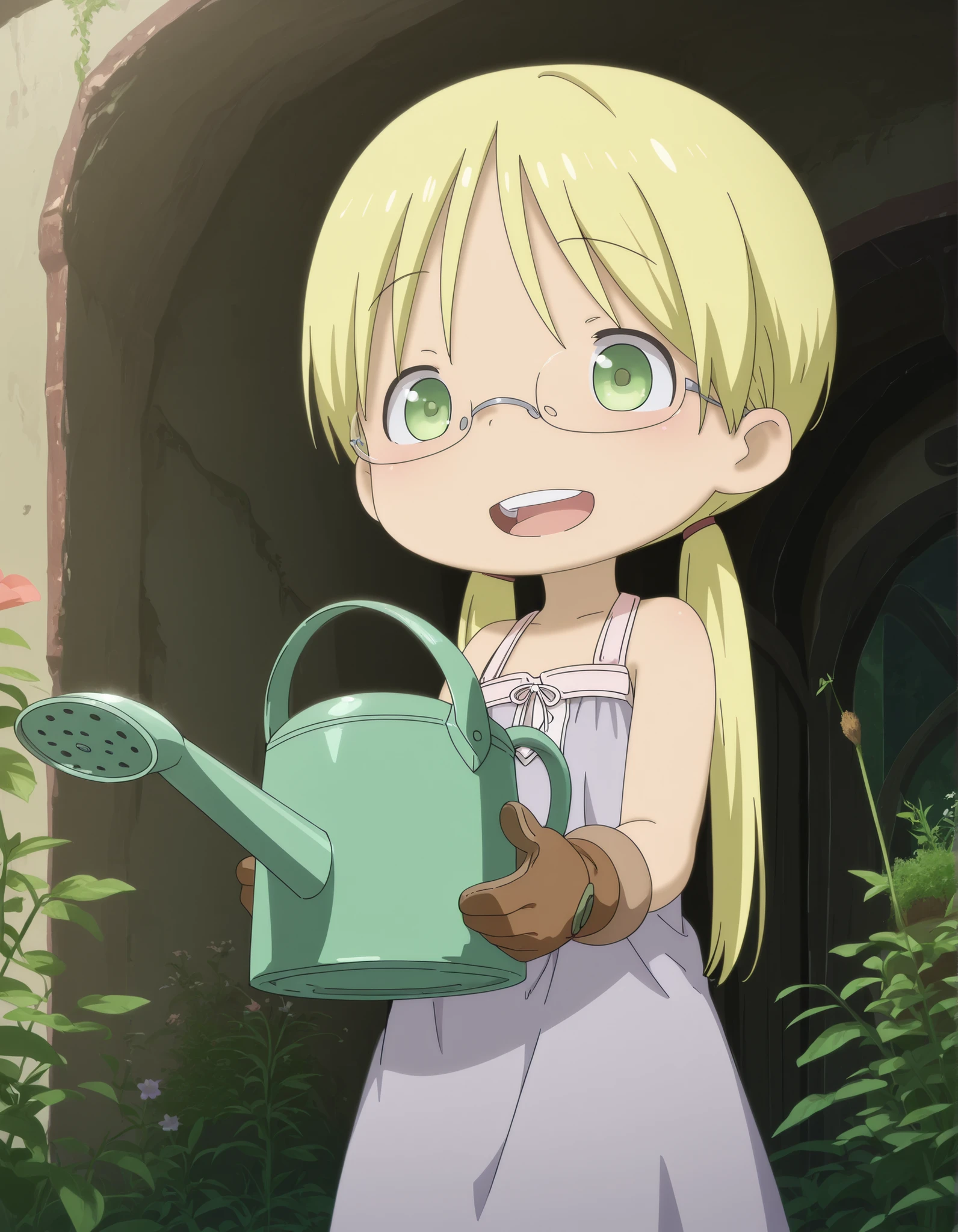 miabyss,, made in abyss,, solo, riko (made in abyss), akihito style, (best quality, detailed, masterpiece), long hair, low twintails, glasses, smile, :D, teeth, bangs, gloves, standing, watering plant, taking care of flower, holding watering can, ruined temple