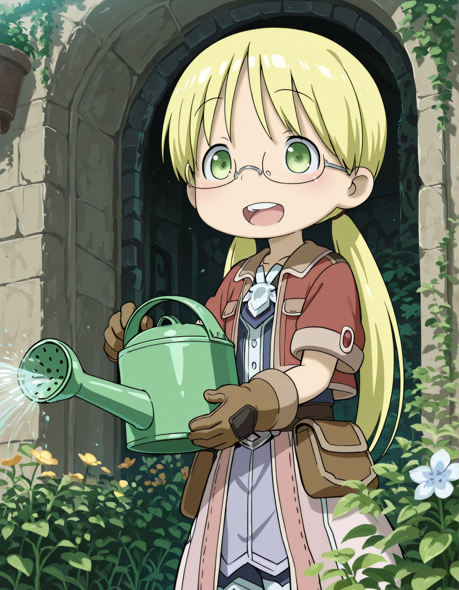 miabyss,, made in abyss,, solo, riko (made in abyss), akihito style, (best quality, detailed, masterpiece), long hair, low twintails, glasses, smile, :D, teeth, bangs, gloves, standing, watering plant, taking care of flower, holding watering can, ruined temple