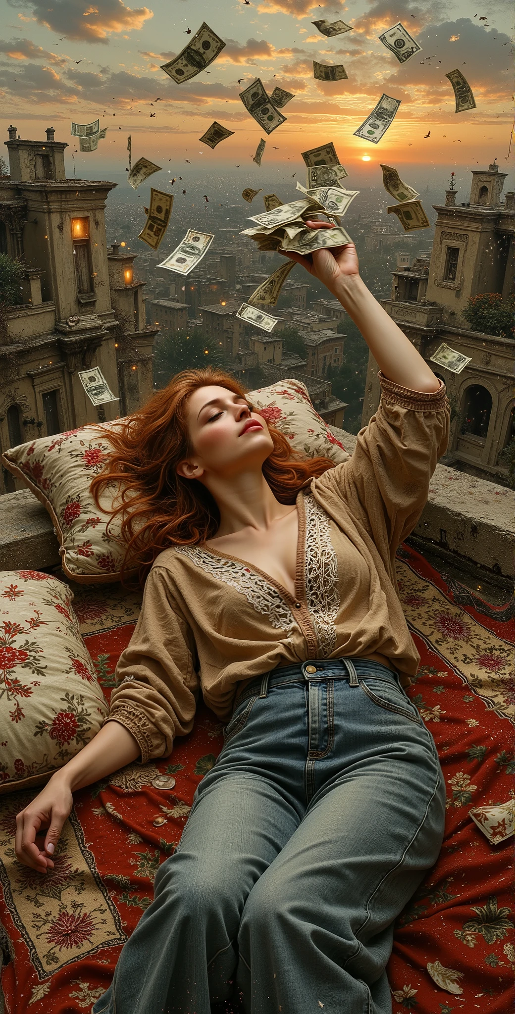 created a painting with oil painting with huge details , In the style of the artist Leonardo Davinci , In the era of the European renaissance ,  A fully detailed painting of an Arab woman lying on the roof of the house on an Arab carpet holding a collection of banknotes and throwing them in the sky and looking half-smiling at the sky during the sunset.. Decorated pillows surround her, her hair is thick red. Her hair falls on her shoulders as if it was shiny silk .
The woman wears a jeans skirt and a transparent brown lace shirt decorated in white and red. She rests on an embroidered pillow. At the back, we see distant houses with their windows lit, a picture that seems cinematic, and the angle of view from the top is near the feet. The frame is full of the woman in the picture. 
