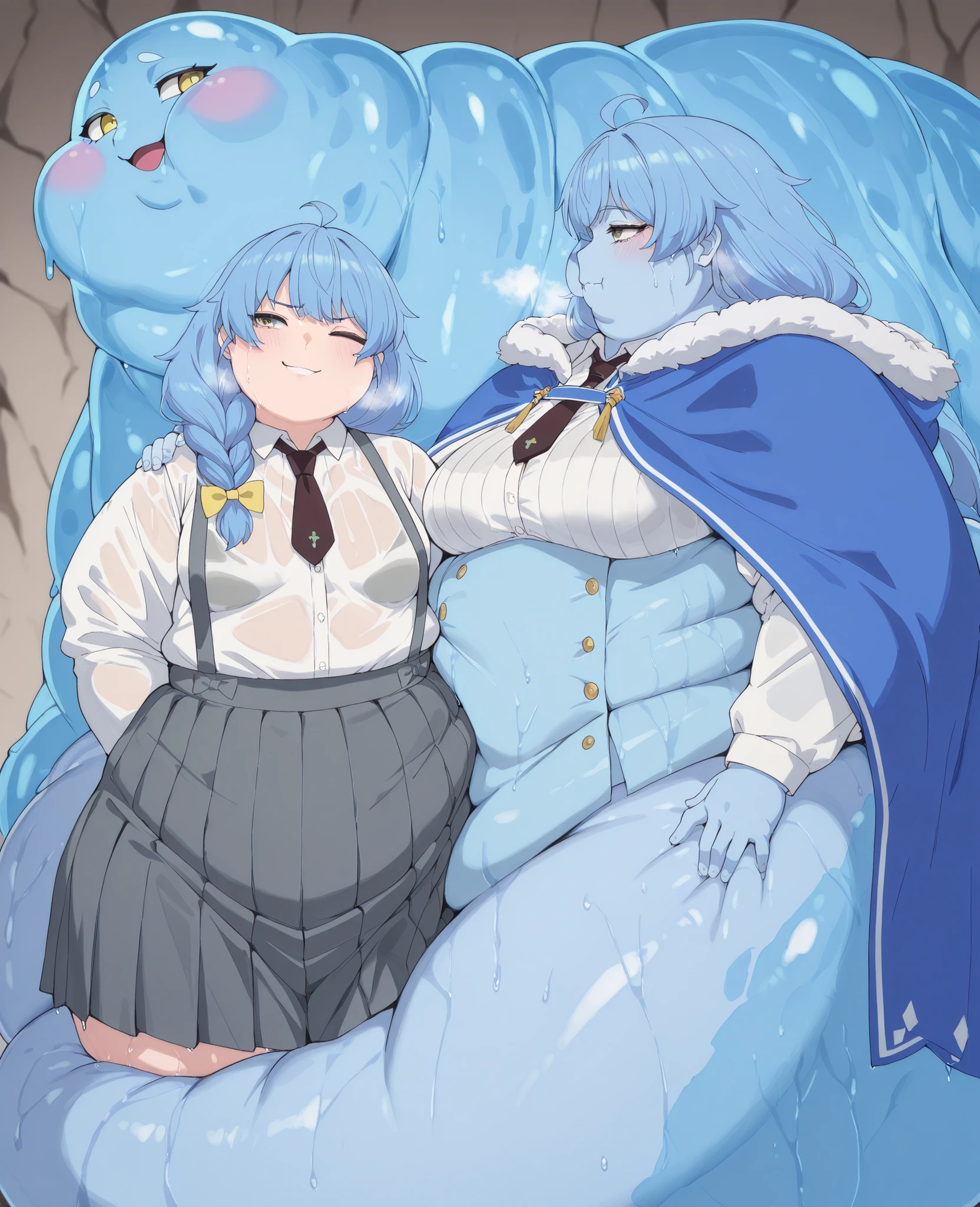 Becoming a slime, monster, aparida rain, long hair, bangs, green eyes, blue hair, yellow eyes, braid, ahoge, hair bow, grey eyes, single braid, yellow bow, braided ponytail, mature female, small breasts, skirt, shirt, long sleeves, white shirt, pleated skirt, necktie, collared shirt, cape, blue skirt, fur trim, black necktie, high-waist skirt, suspender skirt, blue cape, fur-trimmed cape, blue skin, wet skin, mature female, small breasts, round face, breasts, plump,,,, ,chubby cheeks,masterpiece, best quality, female, overweight, blobface, chubby cheeks, morbidly obese, close up, 1 ton heavy, heavy breathing, half-closed eyes, one eye closed, squishing,  solo, immobile, fat rolls, fat folds, fat face, triple chin, one puffy cheeks, large chest, 1girl, solo, masterpiece, HD, best quality, extremely detailed, high resolution, highres,  quality, masterpiece, 8K image quality, wide face, smug, horny, in heat, hungry, (looking away, looking to side, side profile, head tilt)
