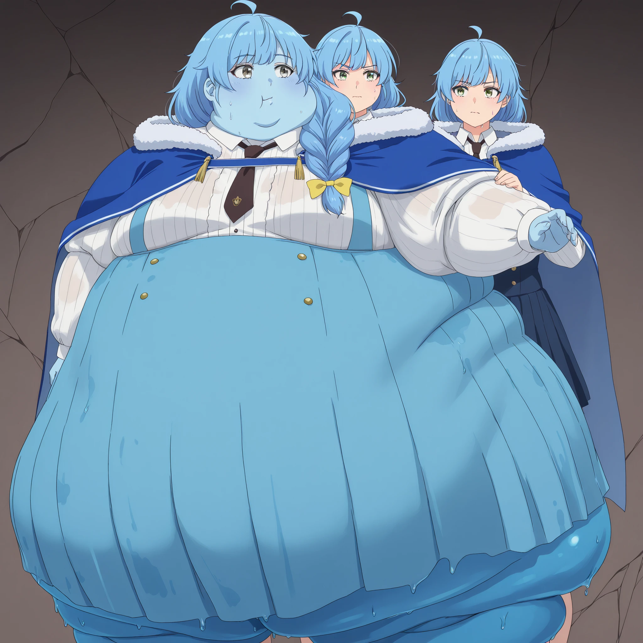 Becoming a slime, monster, aparida rain, long hair, bangs, green eyes, blue hair, yellow eyes, braid, ahoge, hair bow, grey eyes, single braid, yellow bow, braided ponytail, mature female, small breasts, skirt, shirt, long sleeves, white shirt, pleated skirt, necktie, collared shirt, cape, blue skirt, fur trim, black necktie, high-waist skirt, suspender skirt, blue cape, fur-trimmed cape, blue skin, wet skin, mature female, small breasts, round face, fat, chubby, obese, gigantic arms and legs, small breasts, sweating, wet body, swollen face, Fat_neck , Fat head , eyes with crushed cheeks , nose with crushed cheeks , mouth with crushed cheeks , chin roll, swollen face, back view