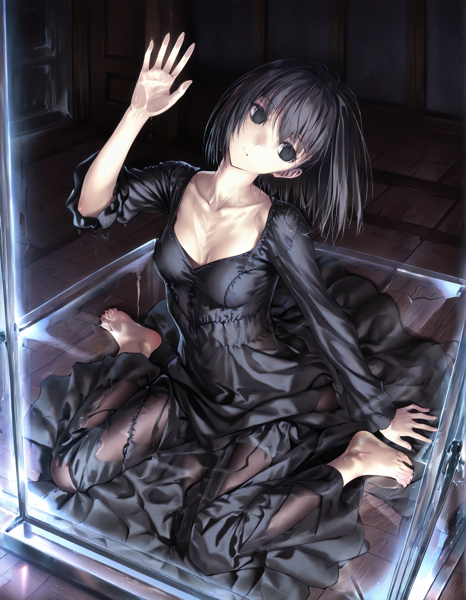 masterpiece, , absurdres, highres, detailed background, high resolution, masterpiece, necessary, detail, best quality, quality, necessary, details, High details, Precise, , indoors,(dark room, glass room ,against glass ,), dynamic angle ,from above ,(), ,
1girl, solo, (type-moon,) style, koyama hirokazu style, (aged up) ,() ,head tilt , glass,(), (wariza),
tall girl, ,long arms,(slim body, ),alice kuonji, ,black dress, black hair, short hair, black eyes, turime ,(no pupils), (loose fit dress), ,looking away, ,(small breasts), , , silky skin ,
