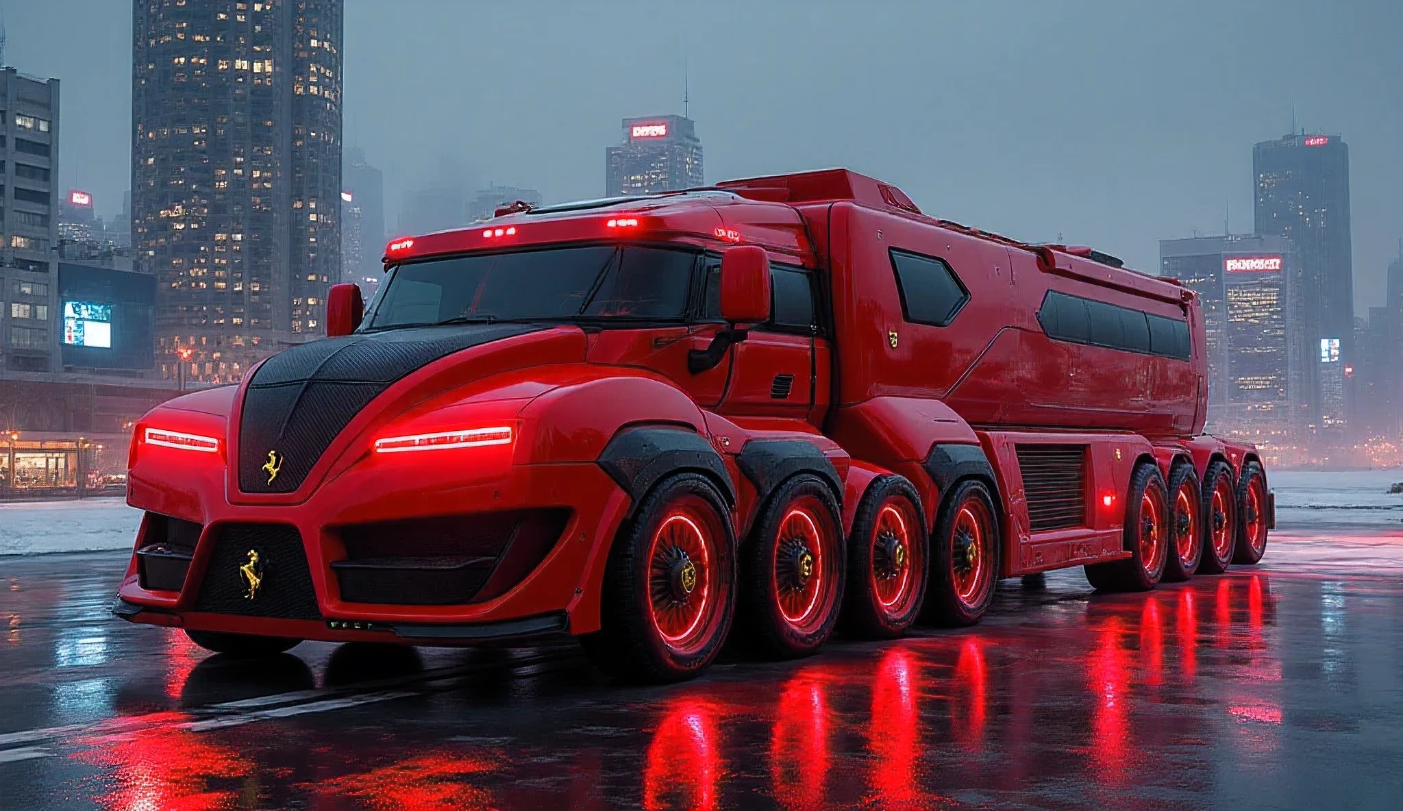 armored vehicle,A gigantic Ferrari Grand Turismo Motorhome 2030, designed as a supercar-inspired mega RV with a massive elongated body finished in Rosso Corsa red and matte carbon fiber accents. The motorhome rides on an enormous 10–12 wheel configuration, each wheel a Ferrari-forged hubless alloy rim glowing with red neon halos, giving it the stance of a futuristic armored land cruiser. The front carries Ferrari DNA with a sharp V-shaped grille, slim aggressive LED headlights, and sculpted air intakes for aerodynamic dominance. The body is huge yet sleek, flowing with curved supercar lines stretched into an ultra-luxury RV scale, with carbon-tinted panoramic smart-glass windows wrapping around the sides. The rear features quad plasma exhausts that glow with fiery blue and red plasma energy, leaving trails of light as it moves. Subtle black racing stripes run across the length of the massive vehicle, emphasizing Ferrari’s racing heritage. The prancing horse emblem in black chrome is enlarged and placed boldly on the front grille and rear, symbolizing ultimate Ferrari power.
Camera: 3/4 left front view, low cinematic angle, emphasizing the massive size and multiple wheels, with futuristic cityscape lights reflecting on its colossal red body.
