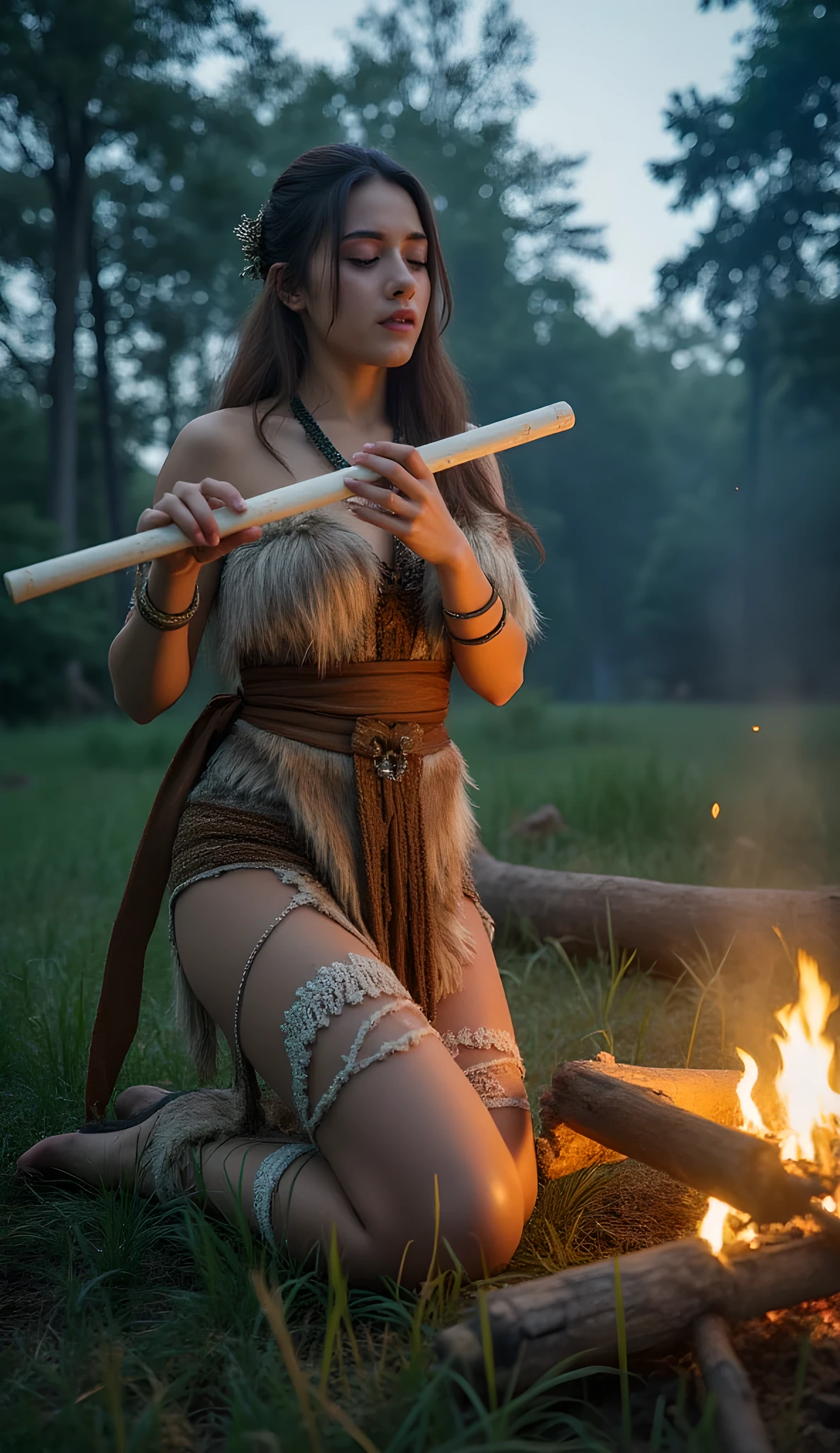 Ancient prehistoric age era, 
(Stone civilization age era:1.6), 

((Realistic cinematography ultra-wide depth intense stunning of realistically ultra-detailed deep forest angle of scenery)),bard,the detailed of a celtic female bard holding and playing ivory flute, a realistic intricately flute,musician body pose,(shamanic),(tribe musicians guilds),(()),wearing fully coverage, long fur primitively fabric long kimono 👘and long coat primitive wardrobe robe dress,,,(perfectly depth symmetrically curvy form, and busty body shapely),(cinematic dynamically camera widely angle scenery|accurately depicted:1.3),the lively prehistoric cradle of history depicting scenery,night,realistically full depth,(cinematography dynamic angle|hyperrealistic:realistic scenery:3d texture over the scenery),bon fire,best videography angle,hdr,blue hour, (cinematography vibe),primitive wardrobe,(dynamic image composition),(octane 3d rendering|50mm lens shot:1.3),(lifelike skin texture:lifelike hairs:realism),(best rule of third photography composition),(best image aperture),(full details depth of field),(best shutter speed),(RAW photo image),(photorealistic|photorealism:hyperrealism style),(realistic depth 3d:cgi:1.3),(trending on cgsociety:devianart:unreal engine 5),,(best photography:national Geographic style), tikiPunkAi and greenPunkAi artwork, digital art,best lighting concept,(realistic intricately fixed truly fully human's anatomy body+hands+and+fingers anatomical),natural motion,inspired by farcry5 game artwork.