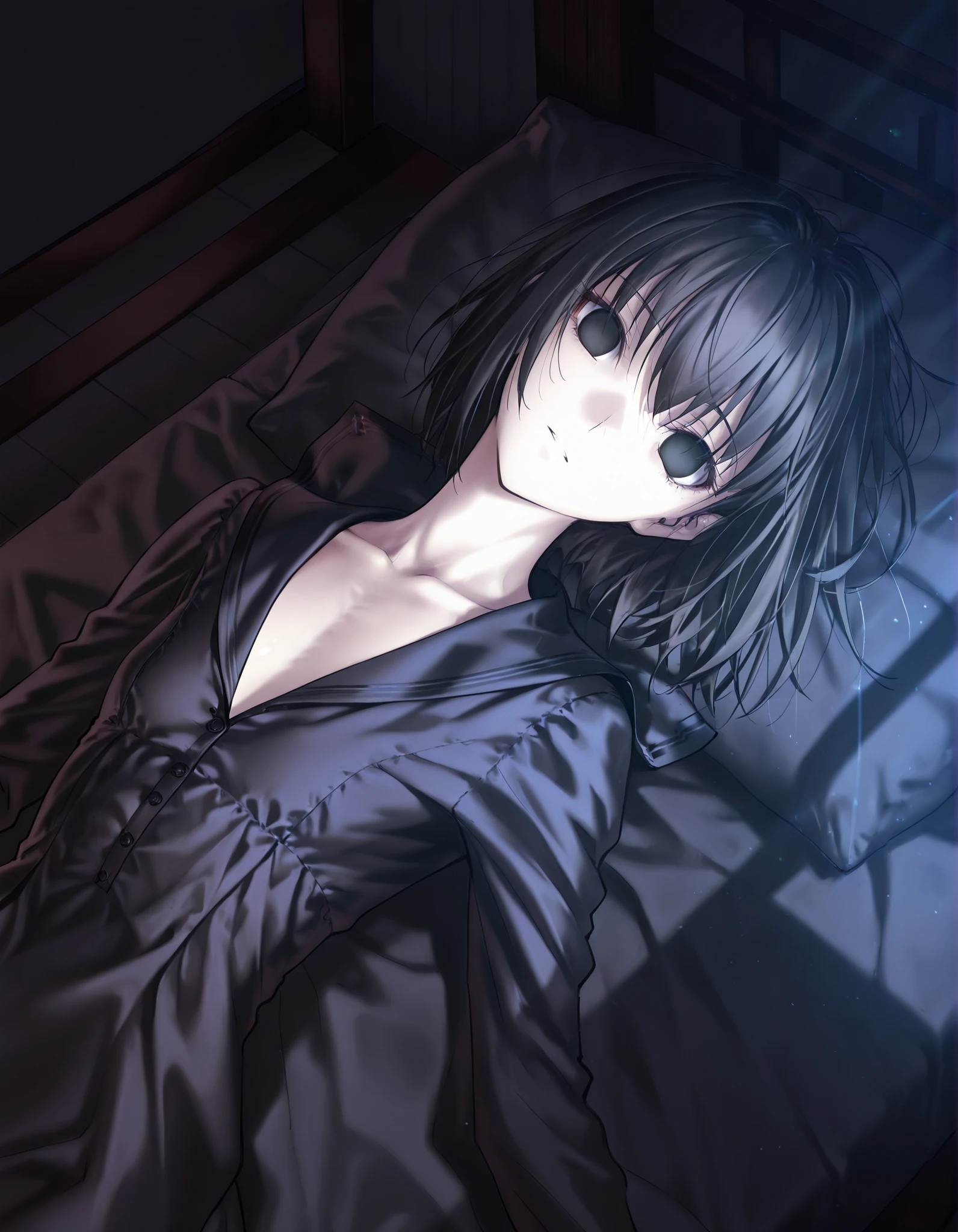 masterpiece, , absurdres, highres, detailed background, high resolution, masterpiece, necessary, detail, best quality, quality, necessary, details, High details, Precise, , indoors,((dark room)), dynamic angle ,from above ,(close up face),sunlight ,
1girl, solo, (type-moon,) style, koyama hirokazu style, (aged up) ,() ,head tilt , ,(), (on back),
tall girl, ,long arms,(slim body, ),alice kuonji, ,dark sailor dress, black hair, short hair, black eyes, turime ,(no pupils), (loose fit sailor dress), ,looking at viewer, ,(small breasts, flat chest), , , silky skin ,