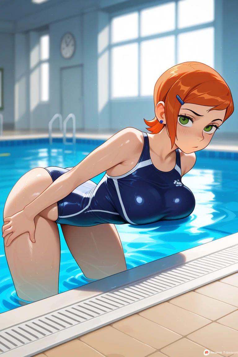 8K，top-quality，超A high resolution，（真实感：1.4), RAW photogr, (True skin texture：1.3), (film grains:1.3, Best Quality, ultra-detailliert, Raw photo, Best Quality, Realistic, Photorealsitic, Top quality Very delicate and beautiful, Extremely detailed, amazing, finely detail, [[Delicate fingers and hands:0.55]::0.85], (detail finger), [[Delicate feet and toes:0.55]::0.85], (Detailed Feet), perfect foot, perfect hand, perfect fingers, 5 fingers per hand, Fingers are well-formed, Two legs, Picture of a girl changing into an orange one-piece competitive swimsuit by the pool, one girls, No one else, Sitting by the pool, Brown hair, brown-eyed, Semi-long hair, She is wearing an orange one-piece high-leg competitive swimsuit and the swimsuit is up to her ?????., The high-leg cut is a swimsuit with a high swimsuit and the crack of the ?????? is visible, Wearing long cream-colored knee-high boots, Wear long gloves that almost fit cream-colored arms, All hands are in cream-colored gloves, ??????? stand up, huge ???, big butts, show off cleavage, Show big ???????? sticking out, View from the front