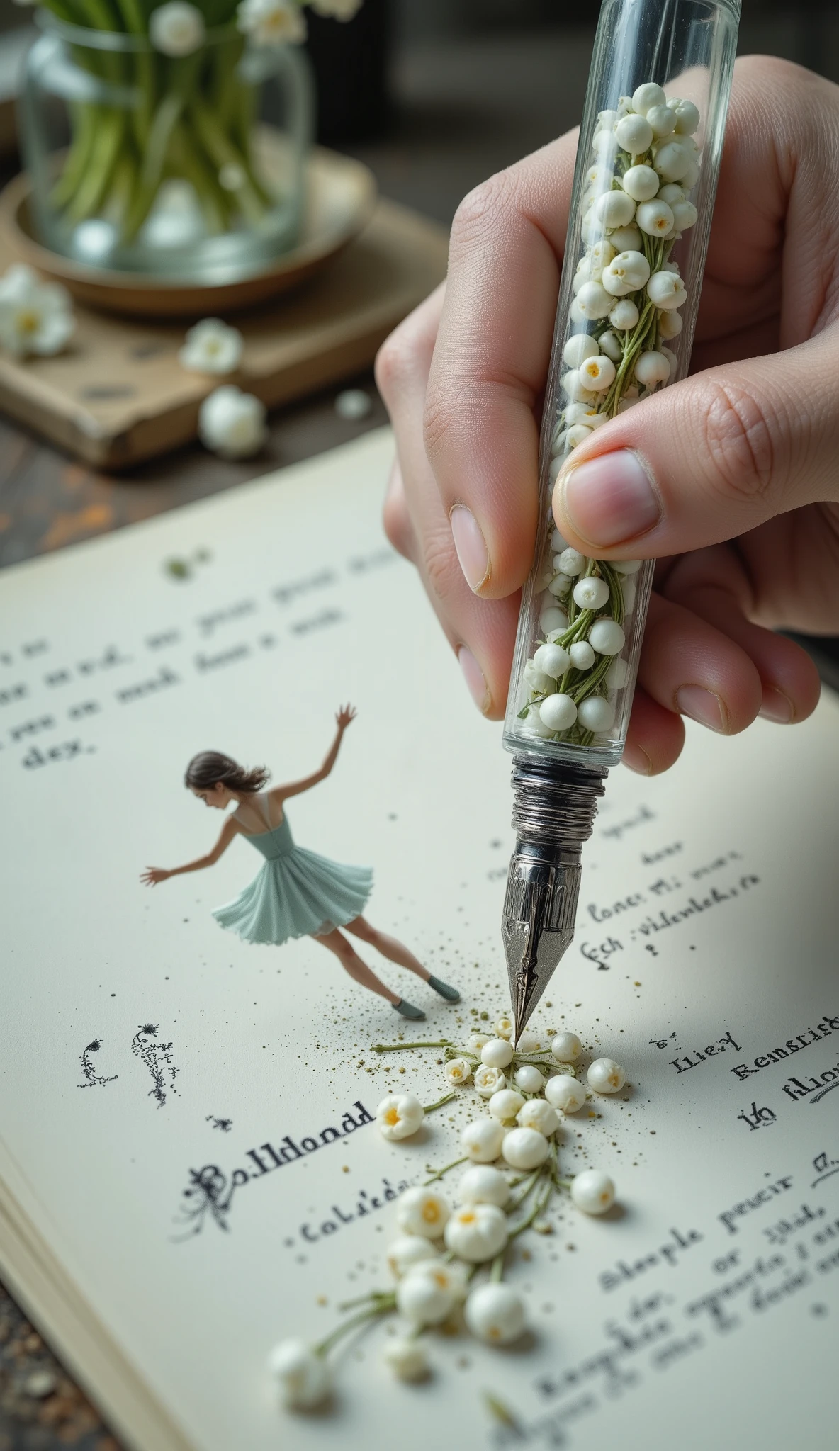 macro photography, a transparent 3d fountain pen with tiny lilies of the valley inside in a person's hand, flowing in intricate thin threads from the tip of the pen, a 3d projection of a long train of a dress, an image of a beautiful miniature romantic woman in a light dress with a train of lilies of the valley comes to life on a handwritten sheet in a jumping position, a lily of the valley lies on a table, delicate colors, rendering, digital painting, detail, high resolution.