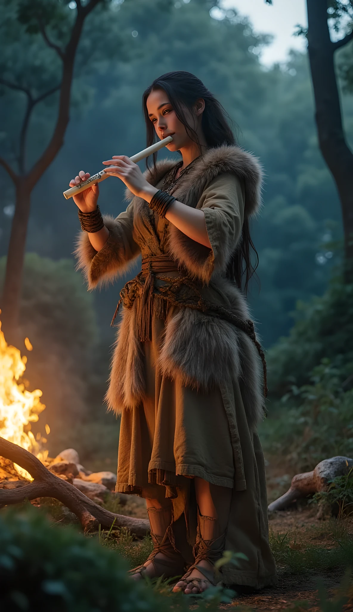 Ancient prehistoric age era,
(Stone civilization age era:1.6),
((Realistic cinematography ultra-wide depth intense stunning of realistically ultra-detailed deep forest angle of scenery)),bard,the detailed of a celtic female bard holding and playing ivory flute, a realistic intricately flute,musician body pose,(shamanic),(tribe musicians guilds),(()),wearing fully coverage, long fur primitively fabric long kimono 👘and long coat primitive wardrobe robe dress,,,(perfectly depth symmetrically curvy form, and busty body shapely),(cinematic dynamically camera widely angle scenery|accurately depicted:1.3),the lively prehistoric cradle of history depicting scenery,night,realistically full depth,(cinematography dynamic angle|hyperrealistic:realistic scenery:3d texture over the scenery),bon fire,best videography angle,hdr,blue hour, (cinematography vibe),primitive wardrobe,(dynamic image composition),(octane 3d rendering|50mm lens shot:1.3),(lifelike skin texture:lifelike hairs:realism),(best rule of third photography composition),(best image aperture),(full details depth of field),(best shutter speed),(RAW photo image),(photorealistic|photorealism:hyperrealism style),(realistic depth 3d:cgi:1.3),(trending on cgsociety:devianart:unreal engine 5),,(best photography:national Geographic style), tikiPunkAi and greenPunkAi artwork, digital art,best lighting concept,(realistic intricately fixed truly fully human's anatomy body+hands+and+fingers anatomical),natural motion,inspired by farcry5 game artwork.