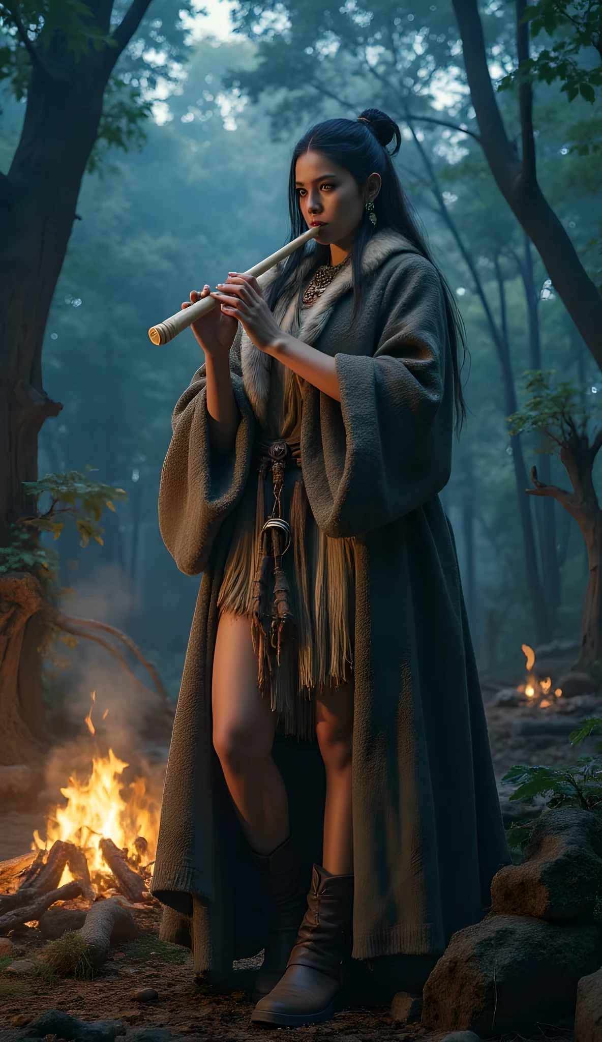 Ancient prehistoric age era,
(Stone civilization age era:1.6),
((Realistic cinematography ultra-wide depth intense stunning of realistically ultra-detailed deep forest angle of scenery)),bard,the detailed of a celtic female bard holding and playing bone flute 🪈, a realistic intricately flute 🪈,musician body pose,(shamanic),(tribe musicians guilds),((🪈)),wearing fully coverage, long fur primitively fabric long kimono 👘and long coat primitive wardrobe robe dress,,,(perfectly depth symmetrically curvy form, and busty body shapely),(cinematic dynamically camera widely angle scenery|accurately depicted:1.3),the lively prehistoric cradle of history depicting scenery,night,realistically full depth,(cinematography dynamic angle|hyperrealistic:realistic scenery:3d texture over the scenery),bon fire,best videography angle,hdr,blue hour, (cinematography vibe),primitive wardrobe,(dynamic image composition),(octane 3d rendering|50mm lens shot:1.3),(lifelike skin texture:lifelike hairs:realism),(best rule of third photography composition),(best image aperture),(full details depth of field),(best shutter speed),(RAW photo image),(photorealistic|photorealism:hyperrealism style),(realistic depth 3d:cgi:1.3),(trending on cgsociety:devianart:unreal engine 5),,(best photography:national Geographic style), tikiPunkAi and greenPunkAi artwork, digital art,best lighting concept,(realistic intricately fixed truly fully human's anatomy body+hands+and+fingers anatomical),natural motion,inspired by farcry5 game artwork.