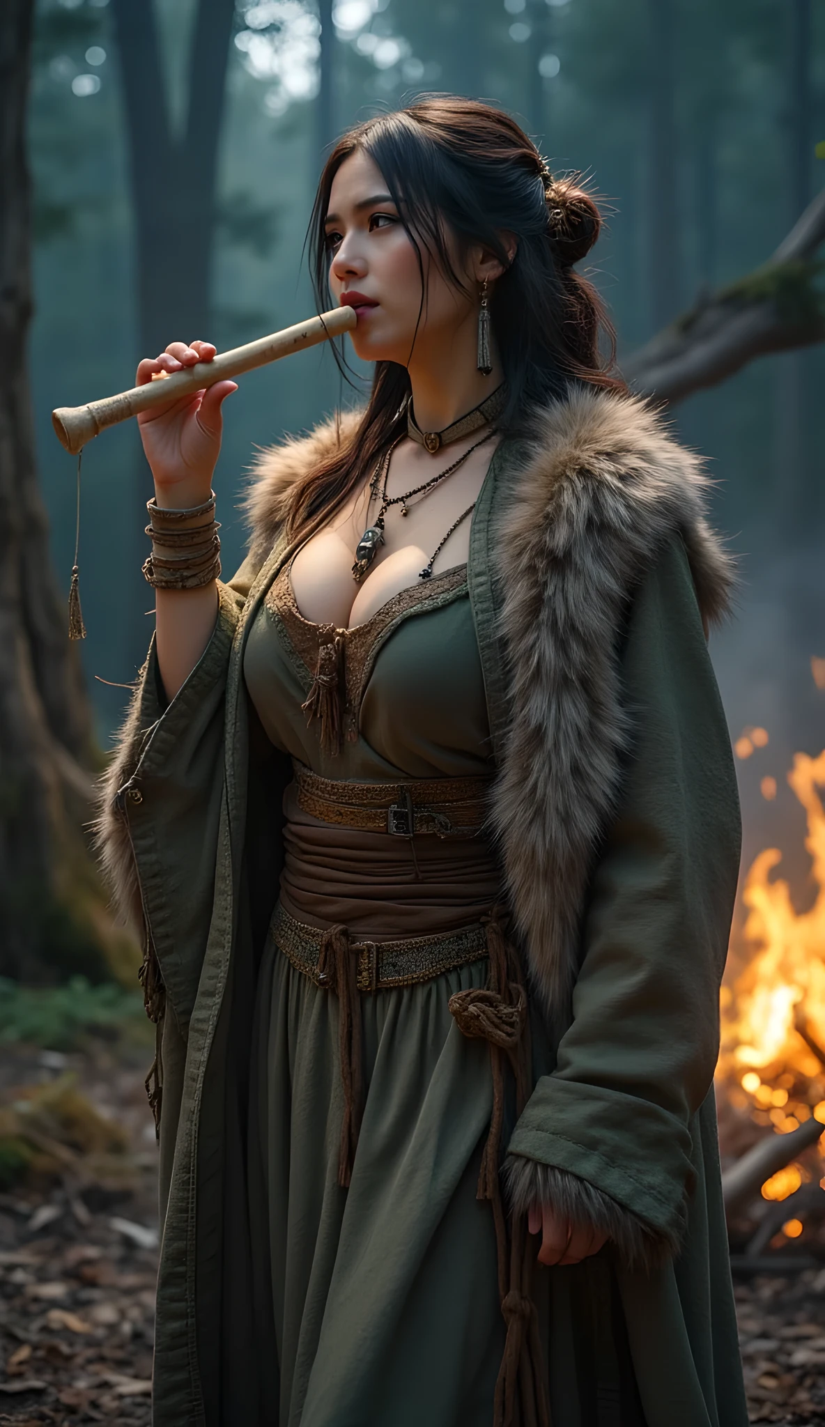 Ancient prehistoric age era,
(Stone civilization age era:1.6),
((Realistic cinematography ultra-wide depth intense stunning of realistically ultra-detailed deep forest angle of scenery)),bard,the detailed of an irish female bard holding and playing bone flute 🪈, a realistic intricately flute 🪈,musician body pose,(shamanic),(tribe musicians guilds),((🪈)),wearing fully coverage, long fur primitively fabric long kimono 👘and long coat primitive wardrobe robe dress,,,(perfectly depth symmetrically curvy form, and busty body shapely),(cinematic dynamically camera widely angle scenery|accurately depicted:1.3),the lively prehistoric cradle of history depicting scenery,night,realistically full depth,(cinematography dynamic angle|hyperrealistic:realistic scenery:3d texture over the scenery),bon fire,best videography angle,hdr,blue hour, (cinematography vibe),primitive wardrobe,(dynamic image composition),(octane 3d rendering|50mm lens shot:1.3),(lifelike skin texture:lifelike hairs:realism),(best rule of third photography composition),(best image aperture),(full details depth of field),(best shutter speed),(RAW photo image),(photorealistic|photorealism:hyperrealism style),(realistic depth 3d:cgi:1.3),(trending on cgsociety:devianart:unreal engine 5),,(best photography:national Geographic style), tikiPunkAi and greenPunkAi artwork, digital art,best lighting concept,(realistic intricately fixed truly fully human's anatomy body+hands+and+fingers anatomical),natural motion,inspired by farcry5 game artwork.