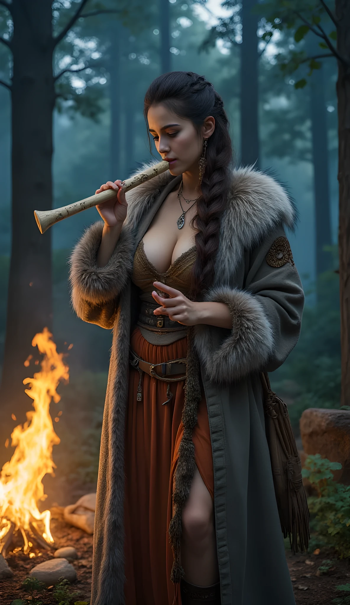 Ancient prehistoric age era,
(Stone civilization age era:1.6),
((Realistic cinematography ultra-wide depth intense stunning of realistically ultra-detailed deep forest angle of scenery)),bard,the detailed of an irish female bard holding and playing bone flute 🪈, a realistic intricately flute 🪈,musician body pose,(shamanic),(tribe musicians guilds),((🪈)),wearing fully coverage, long fur primitively fabric long kimono 👘and long coat primitive wardrobe robe dress,,,(perfectly depth symmetrically curvy form, and busty body shapely),(cinematic dynamically camera widely angle scenery|accurately depicted:1.3),the lively prehistoric cradle of history depicting scenery,night,realistically full depth,(cinematography dynamic angle|hyperrealistic:realistic scenery:3d texture over the scenery),bon fire,best videography angle,hdr,blue hour, (cinematography vibe),primitive wardrobe,(dynamic image composition),(octane 3d rendering|50mm lens shot:1.3),(lifelike skin texture:lifelike hairs:realism),(best rule of third photography composition),(best image aperture),(full details depth of field),(best shutter speed),(RAW photo image),(photorealistic|photorealism:hyperrealism style),(realistic depth 3d:cgi:1.3),(trending on cgsociety:devianart:unreal engine 5),,(best photography:national Geographic style), tikiPunkAi and greenPunkAi artwork, digital art,best lighting concept,(realistic intricately fixed truly fully human's anatomy body+hands+and+fingers anatomical),natural motion,inspired by farcry5 game artwork.