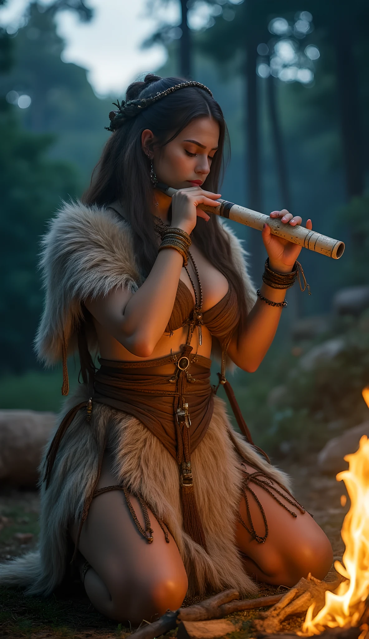 Ancient prehistoric age era,
(Stone civilization age era:1.6),
((Realistic cinematography ultra-wide depth intense stunning of realistically ultra-detailed deep forest angle of scenery)),bard,the detailed of a celtic female bard holding and playing ivory flute, a realistic intricately flute,musician body pose,(shamanic),(tribe musicians guilds),(()),wearing fully coverage, long fur primitively fabric long kimono 👘and long coat primitive wardrobe robe dress,,,(perfectly depth symmetrically curvy form, and busty body shapely),(cinematic dynamically camera widely angle scenery|accurately depicted:1.3),the lively prehistoric cradle of history depicting scenery,night,realistically full depth,(cinematography dynamic angle|hyperrealistic:realistic scenery:3d texture over the scenery),bon fire,best videography angle,hdr,blue hour, (cinematography vibe),primitive wardrobe,(dynamic image composition),(octane 3d rendering|50mm lens shot:1.3),(lifelike skin texture:lifelike hairs:realism),(best rule of third photography composition),(best image aperture),(full details depth of field),(best shutter speed),(RAW photo image),(photorealistic|photorealism:hyperrealism style),(realistic depth 3d:cgi:1.3),(trending on cgsociety:devianart:unreal engine 5),,(best photography:national Geographic style), tikiPunkAi and greenPunkAi artwork, digital art,best lighting concept,(realistic intricately fixed truly fully human's anatomy body+hands+and+fingers anatomical),natural motion,inspired by farcry5 game artwork.