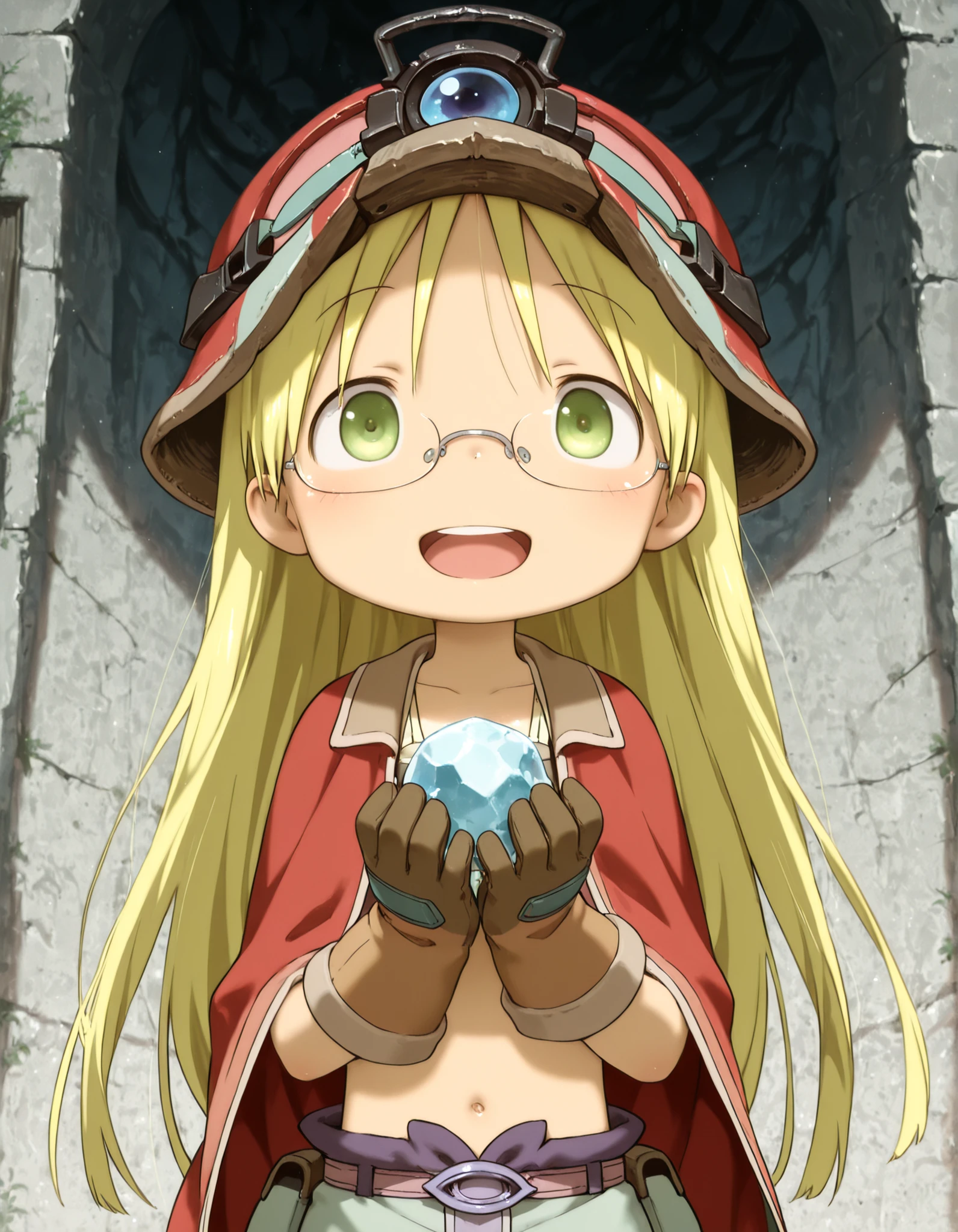 miabyss,, made in abyss,, solo, riko (made in abyss), akihito style, (best quality, detailed, masterpiece), long hair, glasses, smile, :D, teeth, bangs, gloves,  ruined temple