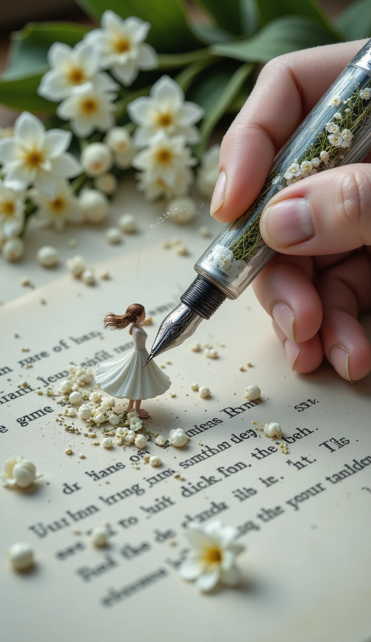 macro photography, a transparent 3d fountain pen with tiny lilies of the valley inside in a person's hand, flowing in intricate thin threads from the tip of the pen, a 3d projection of a long train of a dress, an image of a beautiful miniature romantic woman in a light dress with a train of lilies of the valley comes to life on a handwritten sheet in a jumping position, a lily of the valley lies on a table, delicate colors, rendering, digital painting, detail, high resolution.