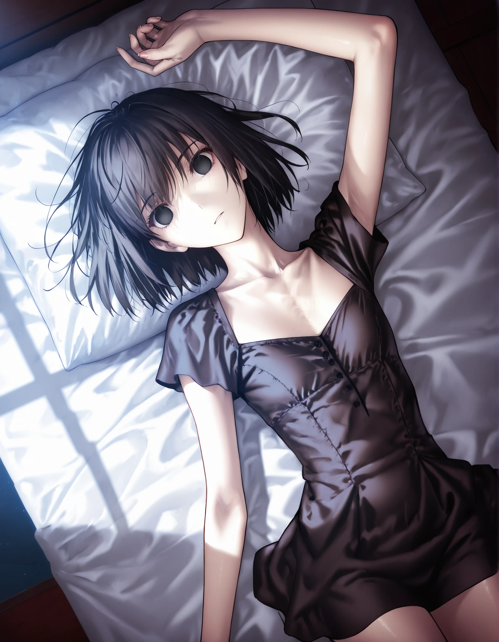 masterpiece, , absurdres, highres, detailed background, high resolution, masterpiece, necessary, detail, best quality, quality, necessary, details, High details, Precise, , indoors,((dark room)), dynamic angle ,from above ,(close up face),sunlight ,
1girl, solo, (type-moon,) style, koyama hirokazu style, (aged up) ,() ,head tilt , ,(highlights in eyes), (on back),
tall girl, ,long arms,(slim body, ),alice kuonji, ,dark dress, black hair, short hair, black eyes, turime ,(no pupils), (loose fit short dress), ,looking at viewer, ,(small breasts, flat chest), , , silky skin ,