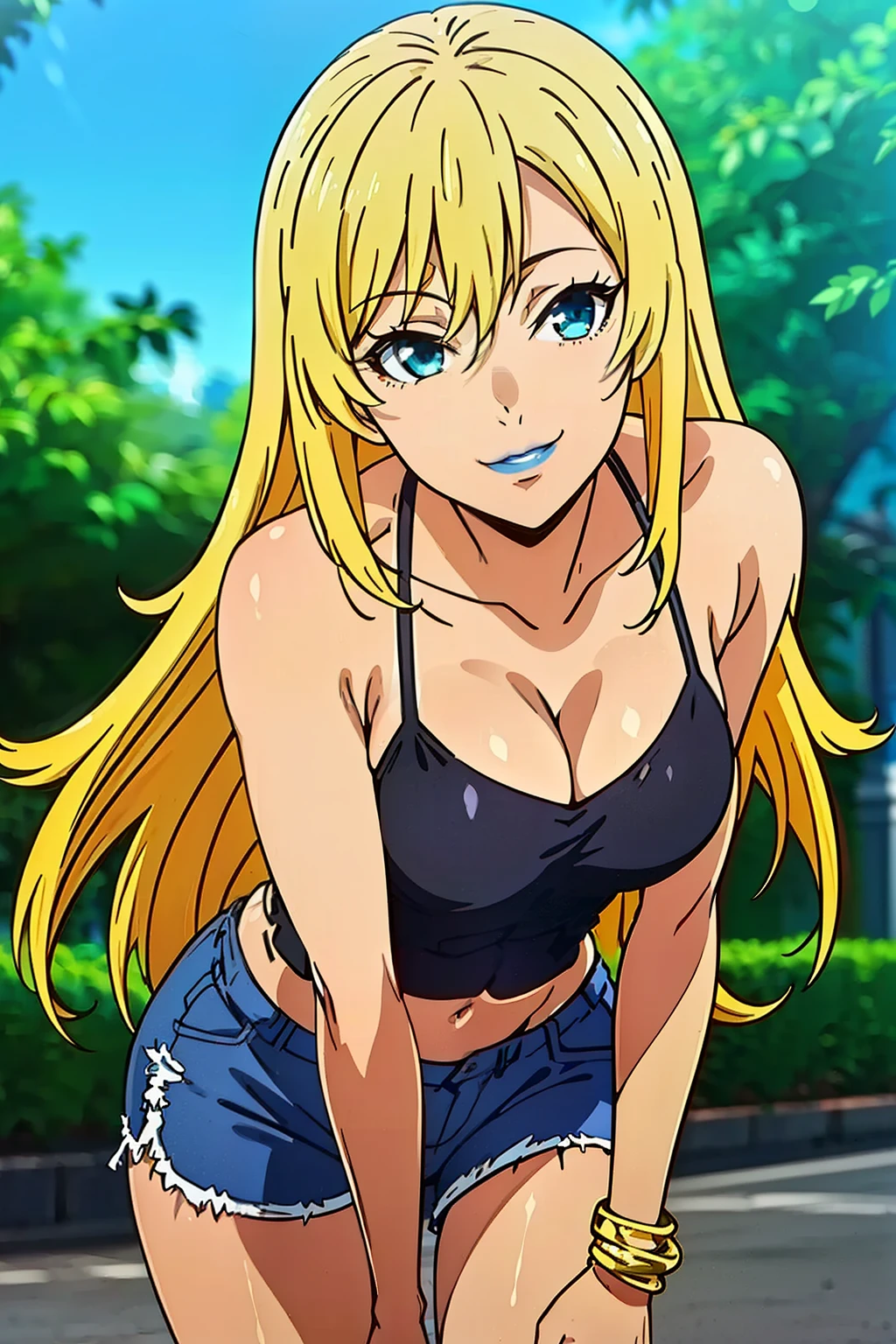 (masterpiece, best quality, high resolution, 8k:1.2), (anime coloring, official art:1.3), highly detailed CG Unity 8K wallpaper, perfect Lighting, colorful, bright_front_face_lit, shiny skin, high resolution, 4k, Super detailed, photo shoot, 8K, HDR, High resolution, (disorganized:1.2), kodak portrait 400, film grain, blurred background, (Bokeh:1.2), Lens flare, (lively_color:1.2), (perfect face, perfect eye), perfect body, beautiful body, beautiful skin, beautiful breasts, beautiful legs, beautiful hands, beautiful face, beautiful eyes, symmetrical eyes, (1 girl), (realistic face:1.2), (smile), (mature face, natural lips:1.2), (slim, lanky), (tanned skin:1.1), (gal makeup, false eyelashes, pink gradient eyeshadow), (long hair, wavy hair, hair ornament), (fingernails, nail polish), (collarbone, tattoo, camisole, navel, shorts, bracelet, jewelry, boots, gal fashion), (japanese city, shibuya city, day, blue sky), (upper body:1.2), smile, looking at viewer, dutch angle, subtle fine shimmer, seamless blend, two-tone layered eyeshadow technique,