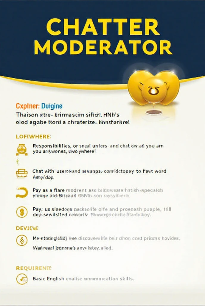 Create a promotional poster for a "Chatter Moderator" job. The theme is a work - from - home chat operator position. The scene is a clean, modern job advertisement layout. The style is a sleek, professional promotional poster. The color tone combines bold dark blue, bright yellow, and clean white. The composition is a straightforward, centered layout with text and graphical elements arranged neatly. Include the following text details accurately: At the top, the large text “CHATTER” and below it “MODERATOR” in prominent fonts.  For the sections: “Location: Anywhere”; “Responsibilities: Chat with users on our app and earn money anytime, anywhere!”; “Pay: Earn up to $500/day”; “Device: Android phone or computer only”; “Requirements: Basic English communication skills”. 