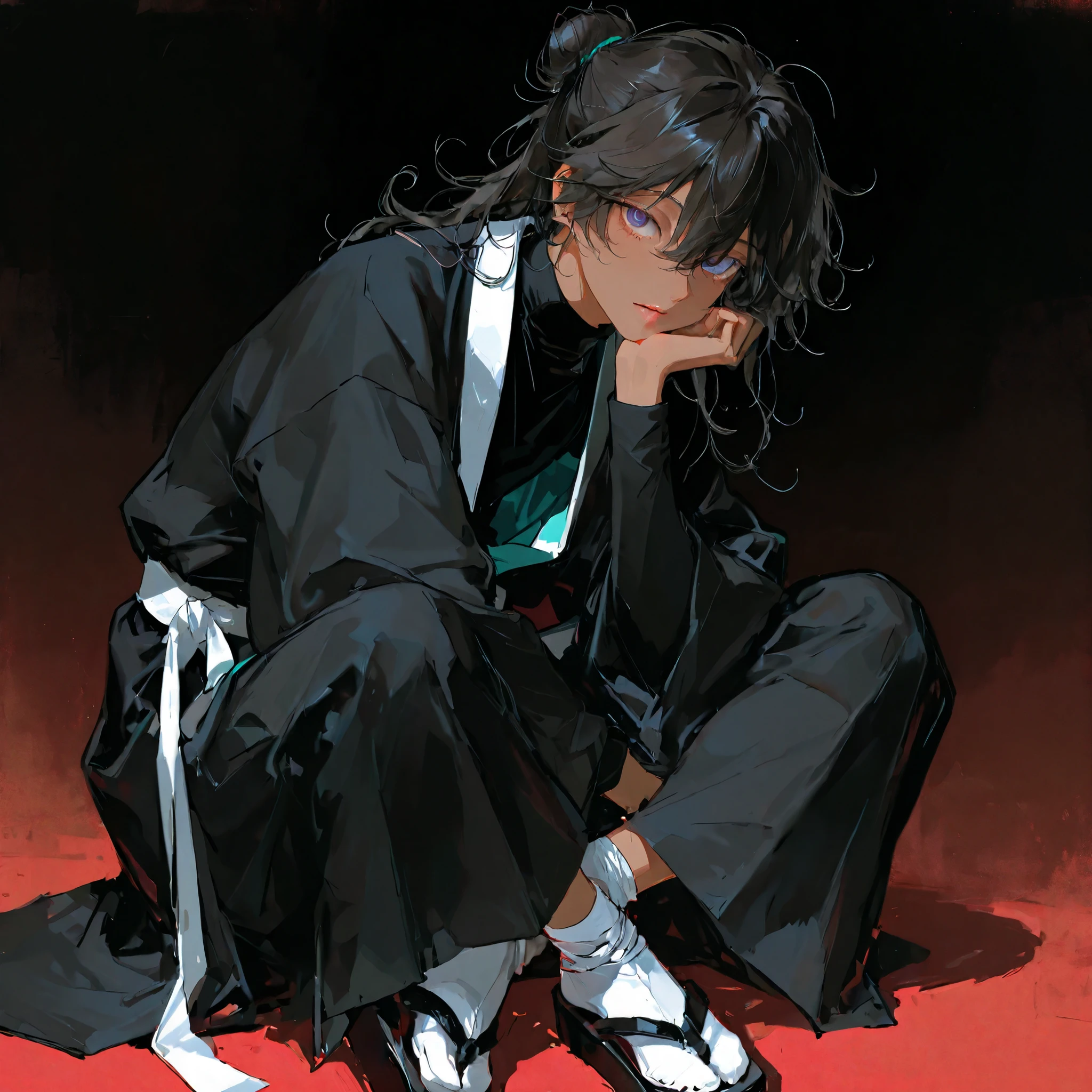 high resolution, masterpiece, accurate, anatomically correct, 最High Quality, high detail, high image quality model, handsomeな男性, teen male, alone, accurate, very detailed, tan skin, using delicate colors, handsome, 1 person , matte texture, masterpiece, best quality, very aesthetic, absurdres, solo, solo, handsome, high resolution of the face, (The line drawing of the illustration is very thick and has a strong impression of the thick painting), The eyes are detailed and accurately drawn.
Perfect round eyes, male teenager, boy, unkempt curly wavy raven hair, hair bun, three need hair pens in bun, long wavy/curly hair, flowing hair down the back, a black turtleneck, black robe with long sleeves, matching tattsuke bakama, white sash belt tied at the waist, black ninja sleeves, footwear is straw sandals, white tabi socks, gaiters tied to legs, iwagakure shinobi attire, tanned skin
What a 16-year-old looks like, thick-painted taste, color is thickly painted, (thick line),((Matte texture)),((Skin like tanned ceramic)), Clear illustration taste, 男性1 personのみ,, ((It's dark and clearly drawn), strong thick line, brushwork illustration, thick brushstrokes, rough brushwork