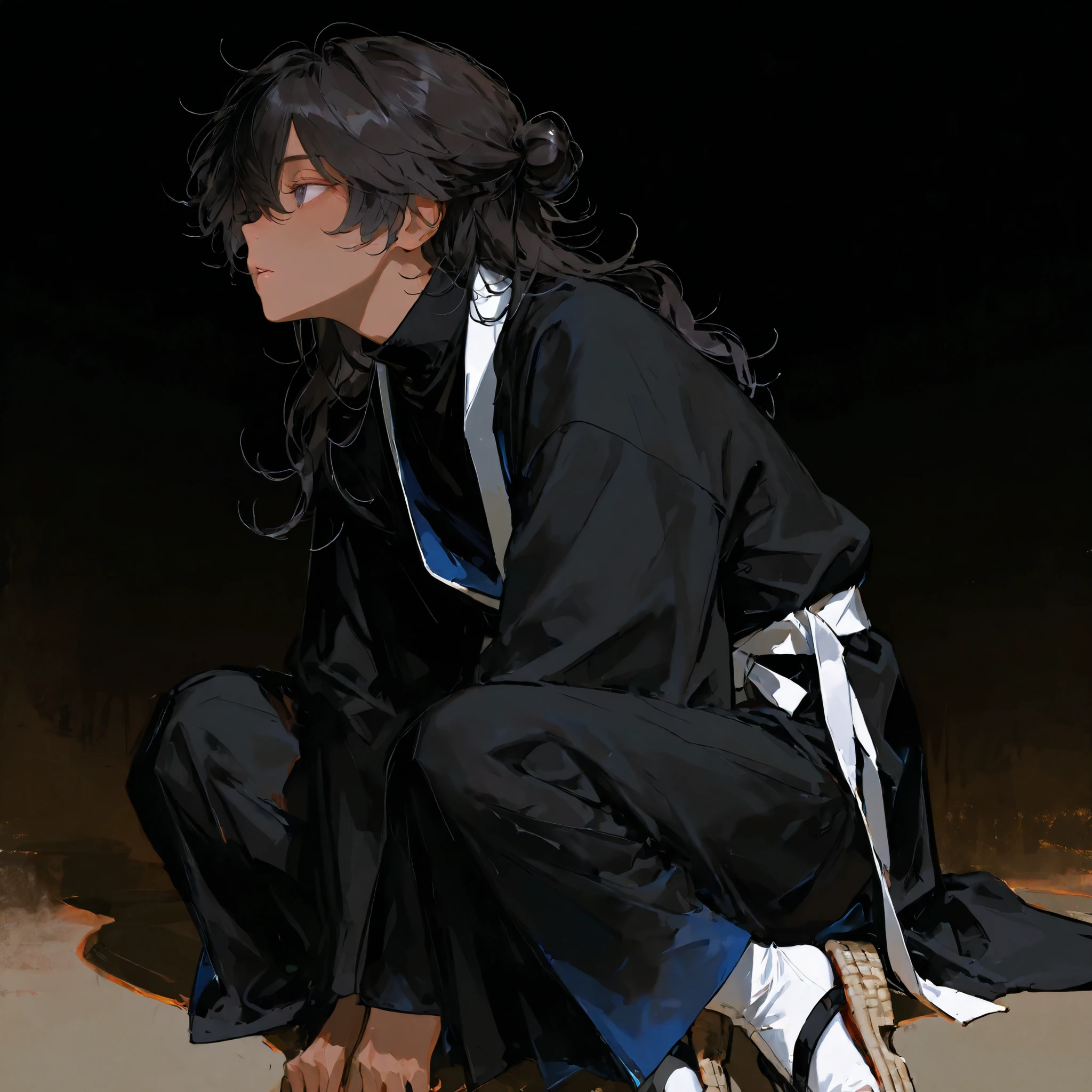 high resolution, masterpiece, accurate, anatomically correct, 最High Quality, high detail, high image quality model, handsomeな男性, teen male, alone, accurate, very detailed, tan skin, using delicate colors, handsome, 1 person , matte texture, masterpiece, best quality, very aesthetic, absurdres, solo, solo, handsome, high resolution of the face, (The line drawing of the illustration is very thick and has a strong impression of the thick painting), The eyes are detailed and accurately drawn.

Perfect round eyes, male teenager, boy, unkempt curly wavy raven hair, hair bun, three need hair pens in bun, long wavy/curly hair, flowing hair down the back, a black turtleneck, black robe with long sleeves, matching tattsuke bakama, white sash belt tied at the waist, black ninja sleeves, footwear is straw sandals, white tabi socks, gaiters tied to legs, iwagakure shinobi attire, tanned skin

What a 16-year-old looks like, thick-painted taste, color is thickly painted, （thick line),（（Matte texture））,（（Skin like tanned ceramic））,  Clear illustration taste, 男性1 personのみ,, （（It's dark and clearly drawn), strong thick line, brushwork illustration, thick brushstrokes, rough brushwork