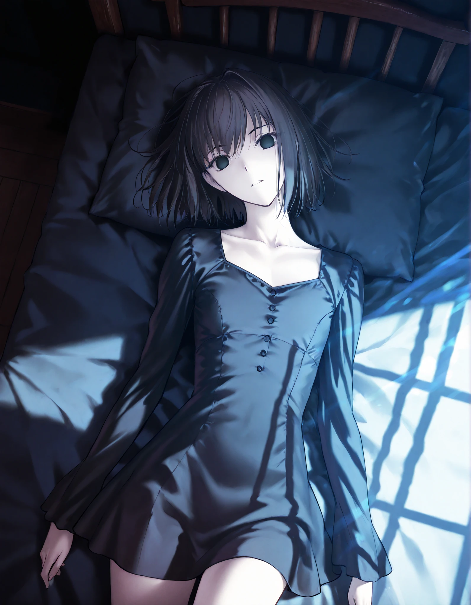 masterpiece, , absurdres, highres, detailed background, high resolution, masterpiece, necessary, detail, best quality, quality, necessary, details, High details, Precise, , indoors,((dark room)), dynamic angle ,from above ,(close up face),sunlight ,
1girl, solo, (type-moon,) style, koyama hirokazu style, (aged up) ,() ,head tilt , ,(highlights in eyes), (on back),
tall girl, ,long arms,(slim body, ),alice kuonji, ,dark dress, black hair, short hair, black eyes, turime ,(no pupils), (loose fit short dress), ,looking at viewer, ,(small breasts, flat chest), , , pale skin ,