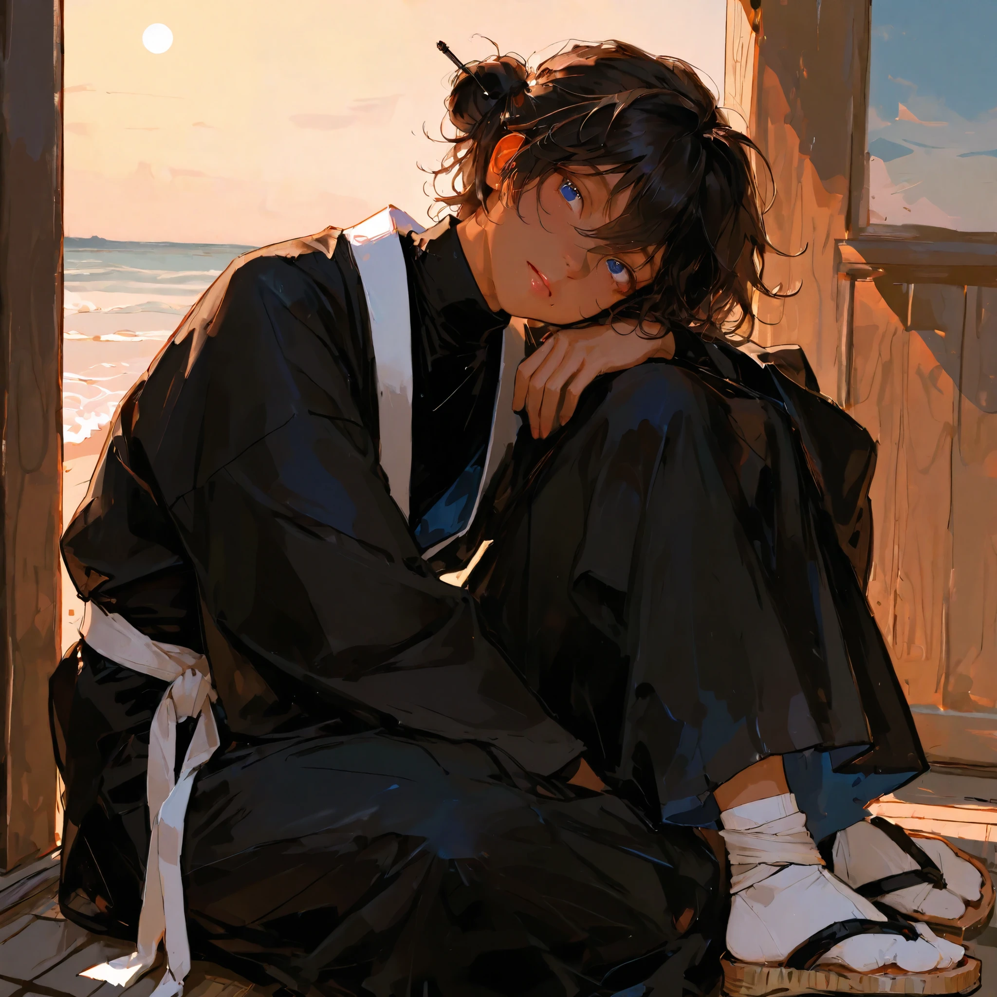 high resolution, masterpiece, accurate, anatomically correct, 最High Quality, high detail, high image quality model, handsomeな男性, teen male, alone, accurate, very detailed, tan skin, using delicate colors, handsome, 1 person , matte texture, masterpiece, best quality, very aesthetic, absurdres, solo, solo, handsome, high resolution of the face, (The line drawing of the illustration is very thick and has a strong impression of the thick painting), The eyes are detailed and accurately drawn.
Perfect round eyes, blue eyed, male teenager, boy, unkempt curly wavy raven hair, hair bun, three need hair pens in bun, long wavy/curly hair, flowing hair down the back, a black turtleneck, black robe with long sleeves, matching tattsuke bakama, white sash belt tied at the waist, black ninja sleeves, footwear is straw sandals, white tabi socks, gaiters tied to legs, iwagakure shinobi attire, tanned skin
What a 16-year-old looks like, thick-painted taste, color is thickly painted, (Matte texture), Skin like tanned ceramic, (Clear illustration taste), 男性1 personのみ, (It's dark and clearly drawn), strong thick line, brushwork illustration, thick brushstrokes, rough brushwork
Portrait, painting, semi-realism, semi-realistic, happy, aloof, head tilt, relaxed, curious, sun tanning, sun bathing, sandy beaches