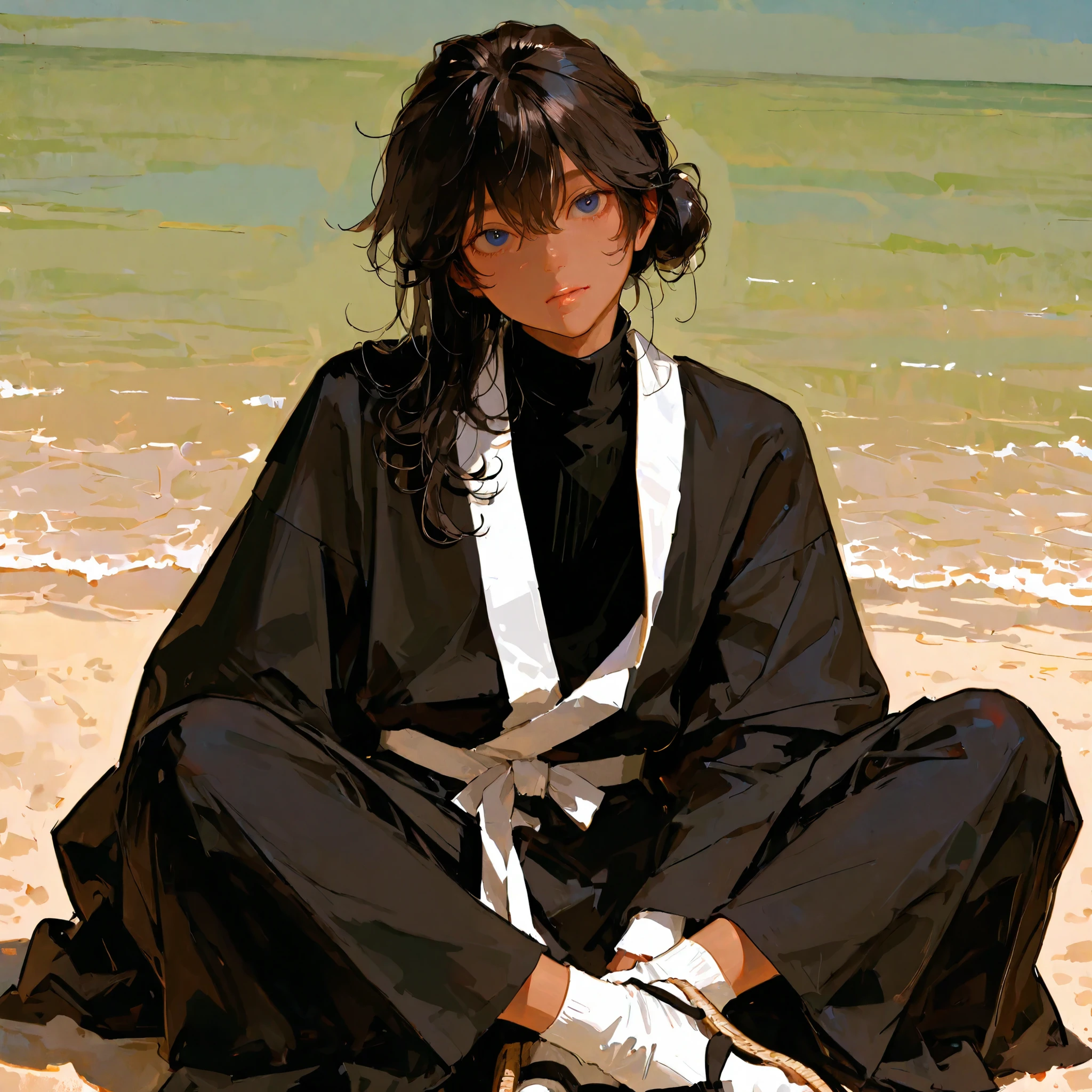 high resolution, masterpiece, accurate, anatomically correct, 最High Quality, high detail, high image quality model, handsomeな男性, teen male, alone, accurate, very detailed, tan skin, using delicate colors, handsome, 1 person , matte texture, masterpiece, best quality, very aesthetic, absurdres, solo, solo, handsome, high resolution of the face, (The line drawing of the illustration is very thick and has a strong impression of the thick painting), The eyes are detailed and accurately drawn.
Perfect round eyes, blue eyed, male teenager, boy, unkempt curly wavy raven hair, hair bun, three need hair pens in bun, long wavy/curly hair, flowing hair down the back, a black turtleneck, black robe with long sleeves, matching tattsuke bakama, white sash belt tied at the waist, black ninja sleeves, footwear is straw sandals, white tabi socks, gaiters tied to legs, iwagakure shinobi attire, tanned skin
What a 16-year-old looks like, thick-painted taste, color is thickly painted, (Matte texture), Skin like tanned ceramic, (Clear illustration taste), 男性1 personのみ, (It's dark and clearly drawn), strong thick line, brushwork illustration, thick brushstrokes, rough brushwork
Portrait, painting, semi-realism, semi-realistic, happy, aloof, head tilt, relaxed, curious, sun tanning, sun bathing, sandy beaches