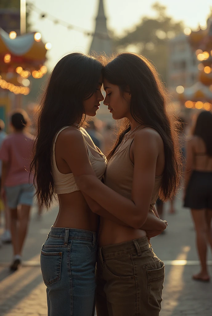 Create a photo of a 30 year old young woman, with long light brown hair tied in a ponytail with strands of hair on the face, slender and beautiful body, wearing jean shorts and an open blue shirt without a  with  , with white and clear skin, is facing the camera being hugged and lifted high into the air by two black teenagers, dark-skinned, obese, ugly, low, with short hair who is wearing a blue dress and glasses