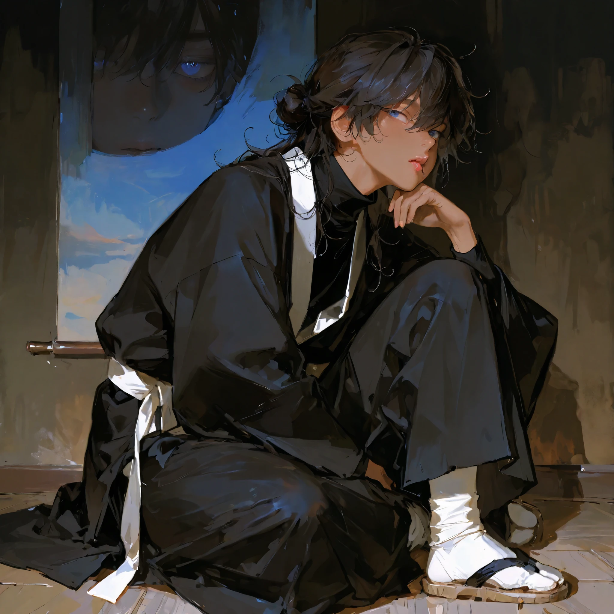 high resolution, masterpiece, accurate, anatomically correct, 最High Quality, high detail, high image quality model, handsomeな男性, teen male, alone, accurate, very detailed, tan skin, using delicate colors, handsome, 1 person , matte texture, masterpiece, best quality, very aesthetic, absurdres, solo, solo, handsome, high resolution of the face, (The line drawing of the illustration is very thick and has a strong impression of the thick painting), The eyes are detailed and accurately drawn.
Perfect round eyes, blue eyed, male teenager, boy, unkempt curly wavy raven hair, hair bun, three need hair pens in bun, long wavy/curly hair, flowing hair down the back, a black turtleneck, black robe with long sleeves, matching tattsuke bakama, white sash belt tied at the waist, black ninja sleeves, footwear is straw sandals, white tabi socks, gaiters tied to legs, iwagakure shinobi attire, tanned skin
What a 16-year-old looks like, thick-painted taste, color is thickly painted, (Matte texture), Skin like tanned ceramic, (Clear illustration taste), 男性1 personのみ, (It's dark and clearly drawn), strong thick line, brushwork illustration, thick brushstrokes, rough brushwork
beautiful landscapes, painting, semi-realism, semi-realistic, romantic setting, in love, slightly flushed