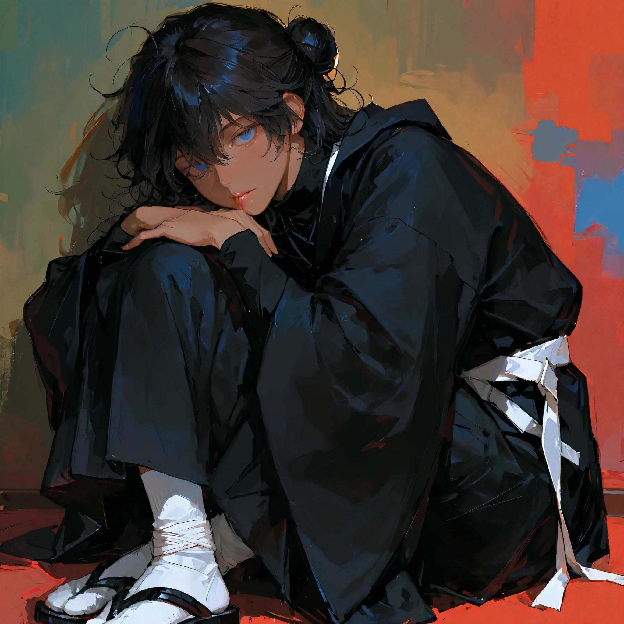 high resolution, masterpiece, accurate, anatomically correct, 最High Quality, high detail, high image quality model, handsomeな男性, teen male, alone, accurate, very detailed, tan skin, using delicate colors, handsome, 1 person , matte texture, masterpiece, best quality, very aesthetic, absurdres, solo, solo, handsome, high resolution of the face, (The line drawing of the illustration is very thick and has a strong impression of the thick painting), The eyes are detailed and accurately drawn.
Perfect round eyes, blue eyed, male teenager, boy, unkempt curly wavy raven hair, hair bun, three need hair pens in bun, long wavy/curly hair, flowing hair down the back, a black turtleneck, black robe with long sleeves, matching tattsuke bakama, white sash belt tied at the waist, black ninja sleeves, footwear is straw sandals, white tabi socks, gaiters tied to legs, iwagakure shinobi attire, tanned skin
What a 16-year-old looks like, thick-painted taste, color is thickly painted, (Matte texture), Skin like tanned ceramic, (Clear illustration taste), 男性1 personのみ, (It's dark and clearly drawn), strong thick line, brushwork illustration, thick brushstrokes, rough brushwork
beautiful landscapes, painting, semi-realism, semi-realistic, romantic setting, in love, slightly flushed