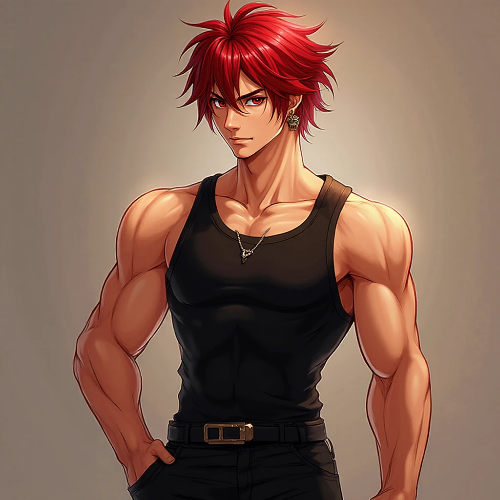 Red haired anime boy sitting on floor with legs crossed, Anime Boy, anime style character, garments:Black tank top, boy wearing denim shorts, In anime style, anime styled, Anime style, Muscular men, Knight of Zodiac Boy, with short red hair standing on end,, In an anime style, masculine and muscular,  arms,  shoulders,