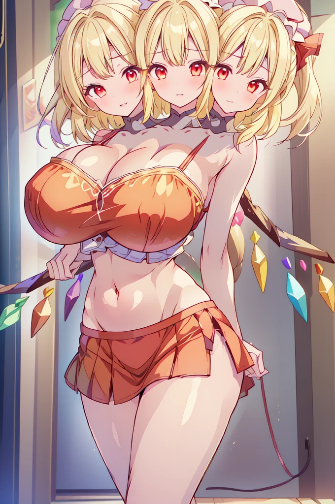 (masterpiece, best quality), best quality, best resolution, (ultra-detailed), ((3heads:1.5)), 1girl, (flandre scarlet :1.3), masterpiece, best quality, ultra quality, ultra resolution, ultra detail, red top, crop top, ((stomach)), midriff, ((groin)), red skirt, normal ears, , blonde hair, short hair, small bangs, red eyes, parted lips, sweat, cute, toned belly, hand on own , eyelashes, (23 year old woman:1.3), (masterpiece:1.5), (best quality:1.5), (beautiful detailed), extremely detailed CG, extremely delicate and beautiful, depth of field, (finely detailed face), (perfect details:1.2), (mature female:1.3), wide pelvis, slender, large veiny , 16k resolution, highres, high quality, high definition, extremely detailed, masterpiece, best quality, blonde hair, short hair, alluring presence, smiling, short skirt, close up, very big , huge , young, small red bow, wearing a mobcap, artificial wings, wings, girl with three heads, three headed girl, ((blonde)),
