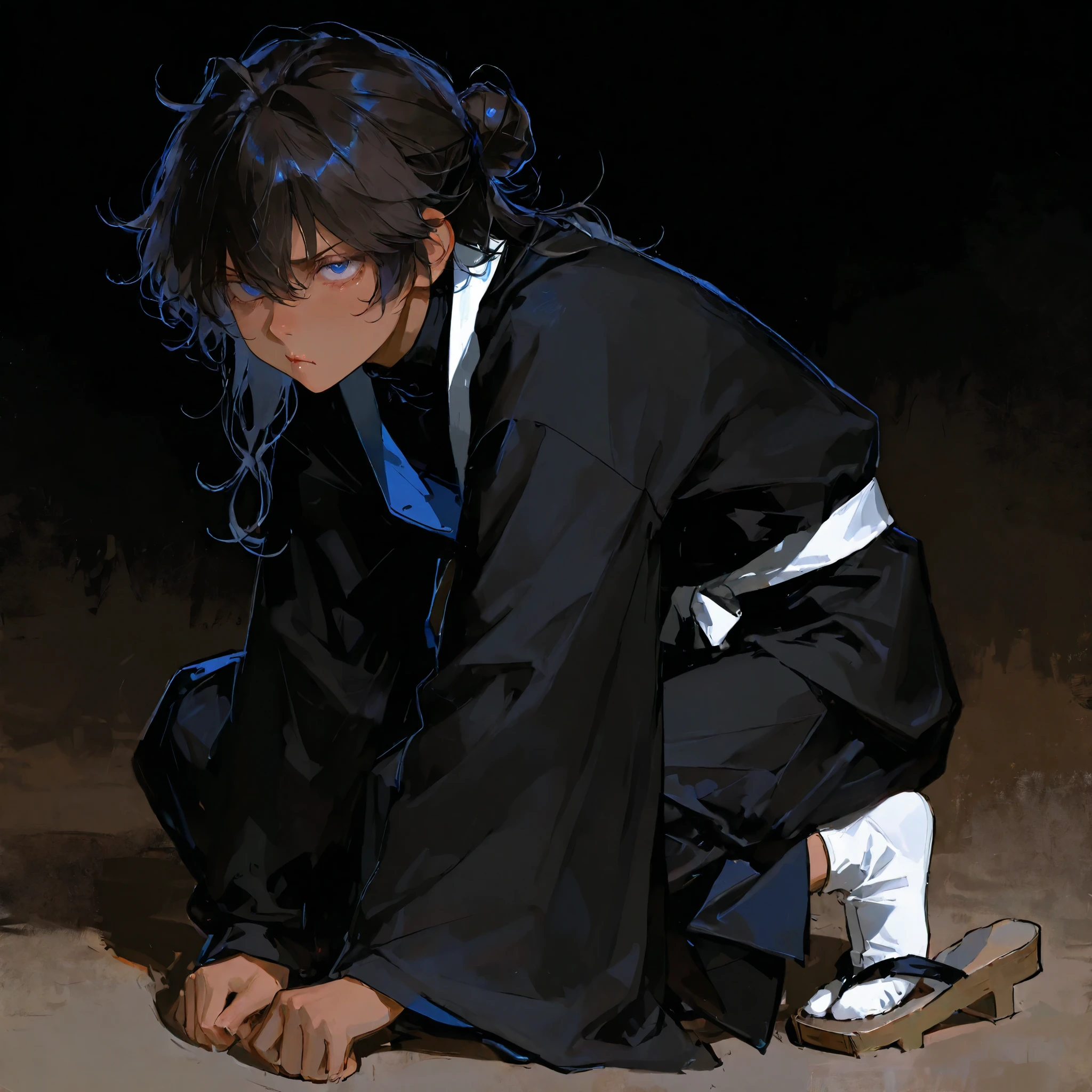 high resolution, masterpiece, accurate, anatomically correct, 最High Quality, high detail, high image quality model, handsomeな男性, teen male, alone, accurate, very detailed, tan skin, using delicate colors, handsome, 1 person , matte texture, masterpiece, best quality, very aesthetic, absurdres, solo, solo, handsome, high resolution of the face, (The line drawing of the illustration is very thick and has a strong impression of the thick painting), The eyes are detailed and accurately drawn.

Perfect round eyes, blue eyed, male teenager, boy, unkempt curly wavy raven hair, hair bun, three need hair pens in bun, long wavy/curly hair, flowing hair down the back, a black turtleneck, black robe with long sleeves, matching tattsuke bakama, white sash belt tied at the waist, black ninja sleeves, footwear is straw sandals, white tabi socks, gaiters tied to legs, iwagakure shinobi attire, tanned skin

What a 16-year-old looks like, thick-painted taste, color is thickly painted, (Matte texture), Skin like tanned ceramic, (Clear illustration taste), 男性1 personのみ, (It's dark and clearly drawn), strong thick line, brushwork illustration, thick brushstrokes, rough brushwork

semi-realism, semi-realistic, pouting, upset, acting childish, stomping