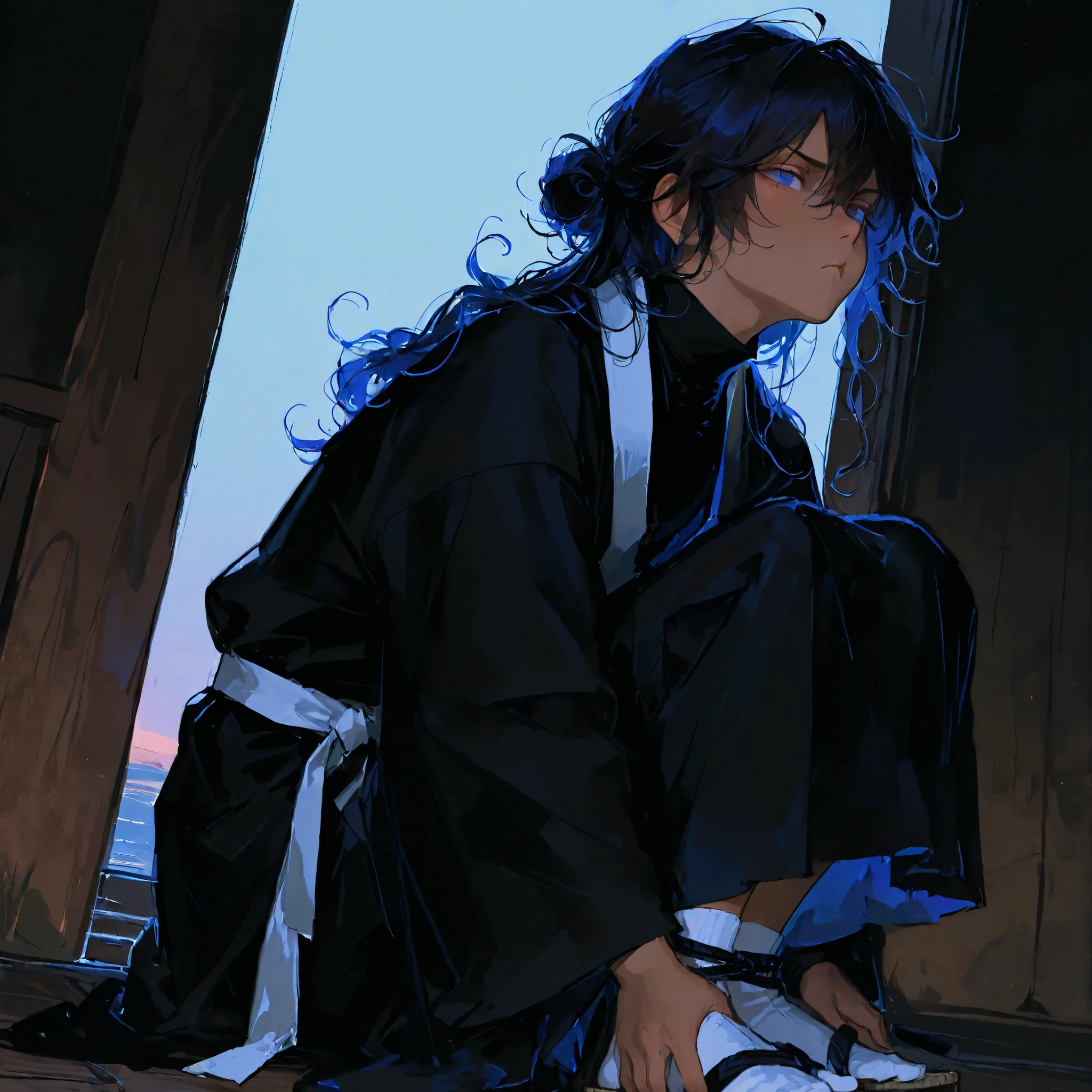 high resolution, masterpiece, accurate, anatomically correct, 最High Quality, high detail, high image quality model, handsomeな男性, teen male, alone, accurate, very detailed, tan skin, using delicate colors, handsome, 1 person , matte texture, masterpiece, best quality, very aesthetic, absurdres, solo, solo, handsome, high resolution of the face, (The line drawing of the illustration is very thick and has a strong impression of the thick painting), The eyes are detailed and accurately drawn.
Perfect round eyes, blue eyed, male teenager, boy, unkempt curly wavy raven hair, hair bun, three need hair pens in bun, long wavy/curly hair, flowing hair down the back, a black turtleneck, black robe with long sleeves, matching tattsuke bakama, white sash belt tied at the waist, black ninja sleeves, footwear is straw sandals, white tabi socks, gaiters tied to legs, iwagakure shinobi attire, tanned skin
What a 16-year-old looks like, thick-painted taste, color is thickly painted, (Matte texture), Skin like tanned ceramic, (Clear illustration taste), 男性1 personのみ, (It's dark and clearly drawn), strong thick line, brushwork illustration, thick brushstrokes, rough brushwork
semi-realism, semi-realistic, pouting, upset, acting childish, stomping