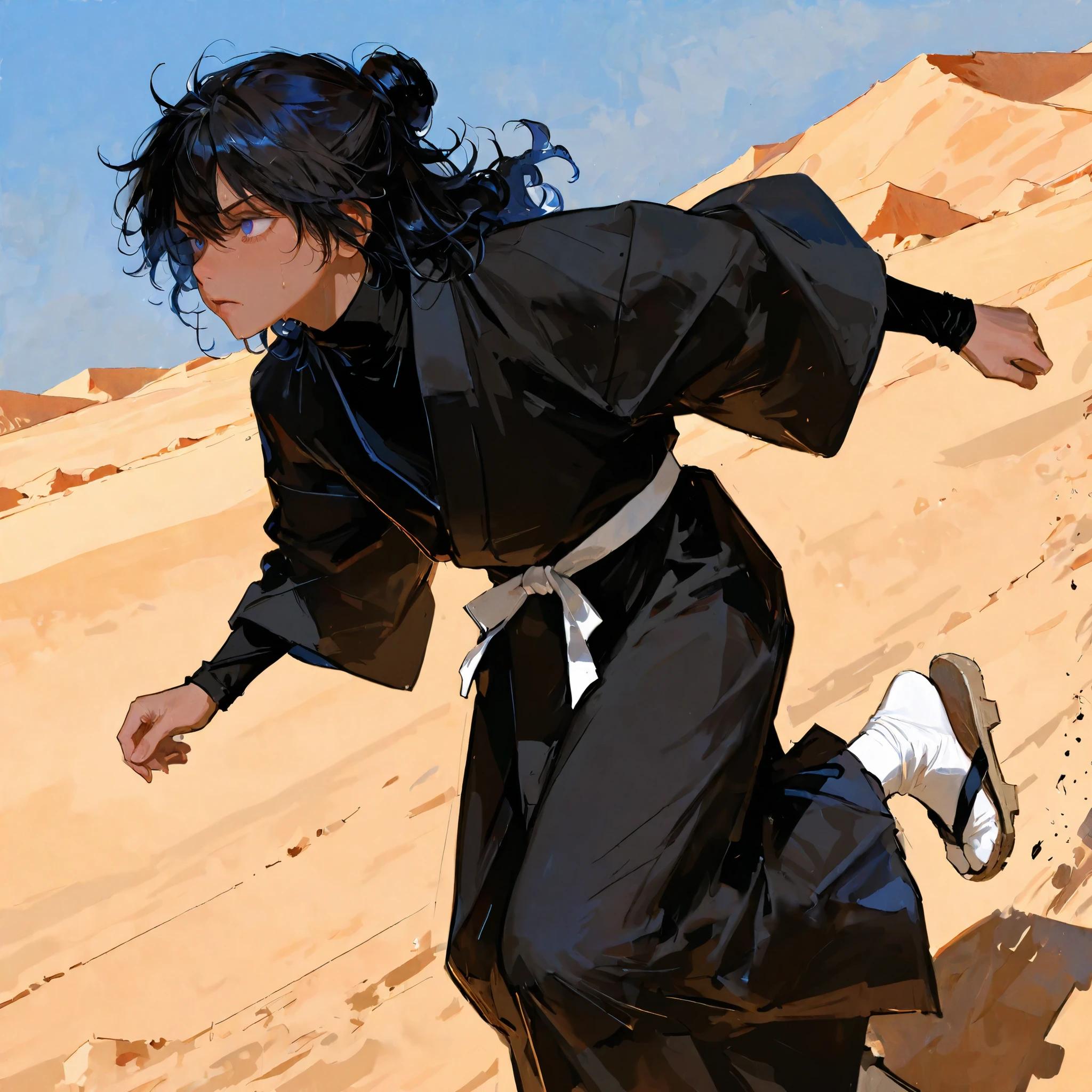 high resolution, masterpiece, accurate, anatomically correct, 最High Quality, high detail, high image quality model, handsomeな男性, teen male, alone, accurate, very detailed, tan skin, using delicate colors, handsome, 1 person , matte texture, masterpiece, best quality, very aesthetic, absurdres, solo, solo, handsome, high resolution of the face, (The line drawing of the illustration is very thick and has a strong impression of the thick painting), The eyes are detailed and accurately drawn.
Perfect round eyes, blue eyed, male teenager, boy, unkempt curly wavy raven hair, hair bun, three need hair pens in bun, long wavy/curly hair, flowing hair down the back, a black turtleneck, black robe with long sleeves, matching tattsuke bakama, white sash belt tied at the waist, black ninja sleeves, footwear is straw sandals, white tabi socks, gaiters tied to legs, iwagakure shinobi attire, tanned skin
What a 16-year-old looks like, thick-painted taste, color is thickly painted, (Matte texture), Skin like tanned ceramic, (Clear illustration taste), 男性1 personのみ, (It's dark and clearly drawn), strong thick line, brushwork illustration, thick brushstrokes, rough brushwork
semi-realism, semi-realistic, dramatic jumping across rooftops, running, sweaty, serious, darker tone, desert rooftops