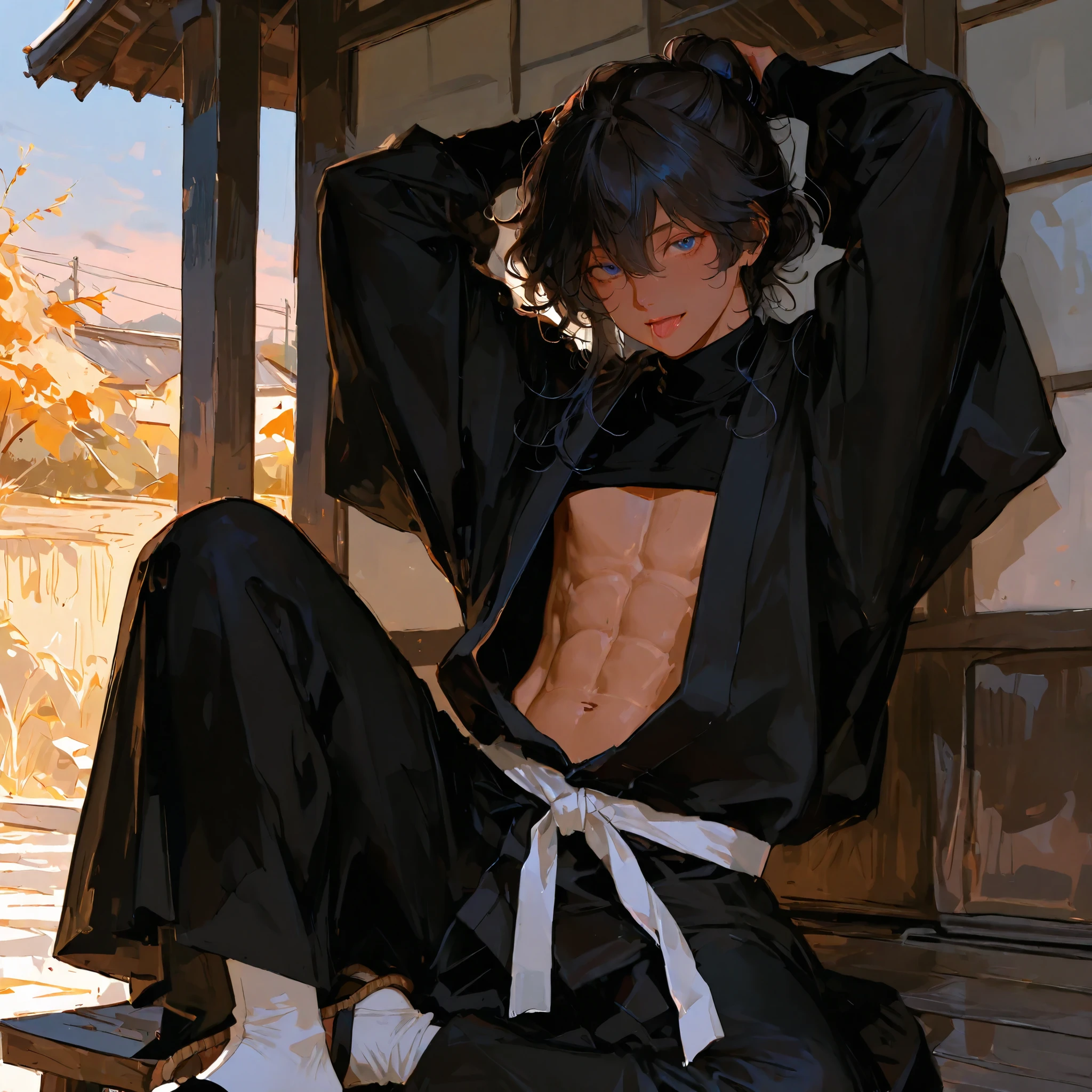 high resolution, masterpiece, accurate, anatomically correct, 最High Quality, high detail, high image quality model, handsomeな男性, teen male, alone, accurate, very detailed, tan skin, using delicate colors, handsome, 1 person , matte texture, masterpiece, best quality, very aesthetic, absurdres, solo, solo, handsome, high resolution of the face, (The line drawing of the illustration is very thick and has a strong impression of the thick painting), The eyes are detailed and accurately drawn.

Perfect round eyes, blue eyed, male teenager, boy, unkempt curly wavy raven hair, hair bun, three need hair pens in bun, long wavy/curly hair, flowing hair down the back, a black turtleneck, black robe with long sleeves, matching tattsuke bakama, white sash belt tied at the waist, black ninja sleeves, footwear is straw sandals, white tabi socks, gaiters tied to legs, iwagakure shinobi attire, tanned skin

What a 16-year-old looks like, thick-painted taste, color is thickly painted, (Matte texture), Skin like tanned ceramic, (Clear illustration taste), 男性1 personのみ, (It's dark and clearly drawn), strong thick line, brushwork illustration, thick brushstrokes, rough brushwork

semi-realism, semi-realistic, strip teasing, horny, hardening cock, lustful expression, abs starting to show, arms above head, pleasure, outdoors, public