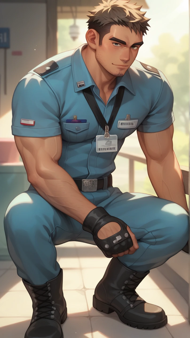 (handsome Man),(crew cut short hair:1.8),black eye,(Wear a fitted round neck t-shirt in navy with a police badge.:1.5),(fit neck),Navy blue jeans,(black_gloves:1.2), Korean guy,chest muscles,large arm muscles,blood vessel,Big muscles,Broad shoulders, (open mouth:1.2),(face up:1.2),(open eyes:1.5), middle of the road,smile,(backpack:1.3), In front of the bread shop ,(Cotton Mask:1.3