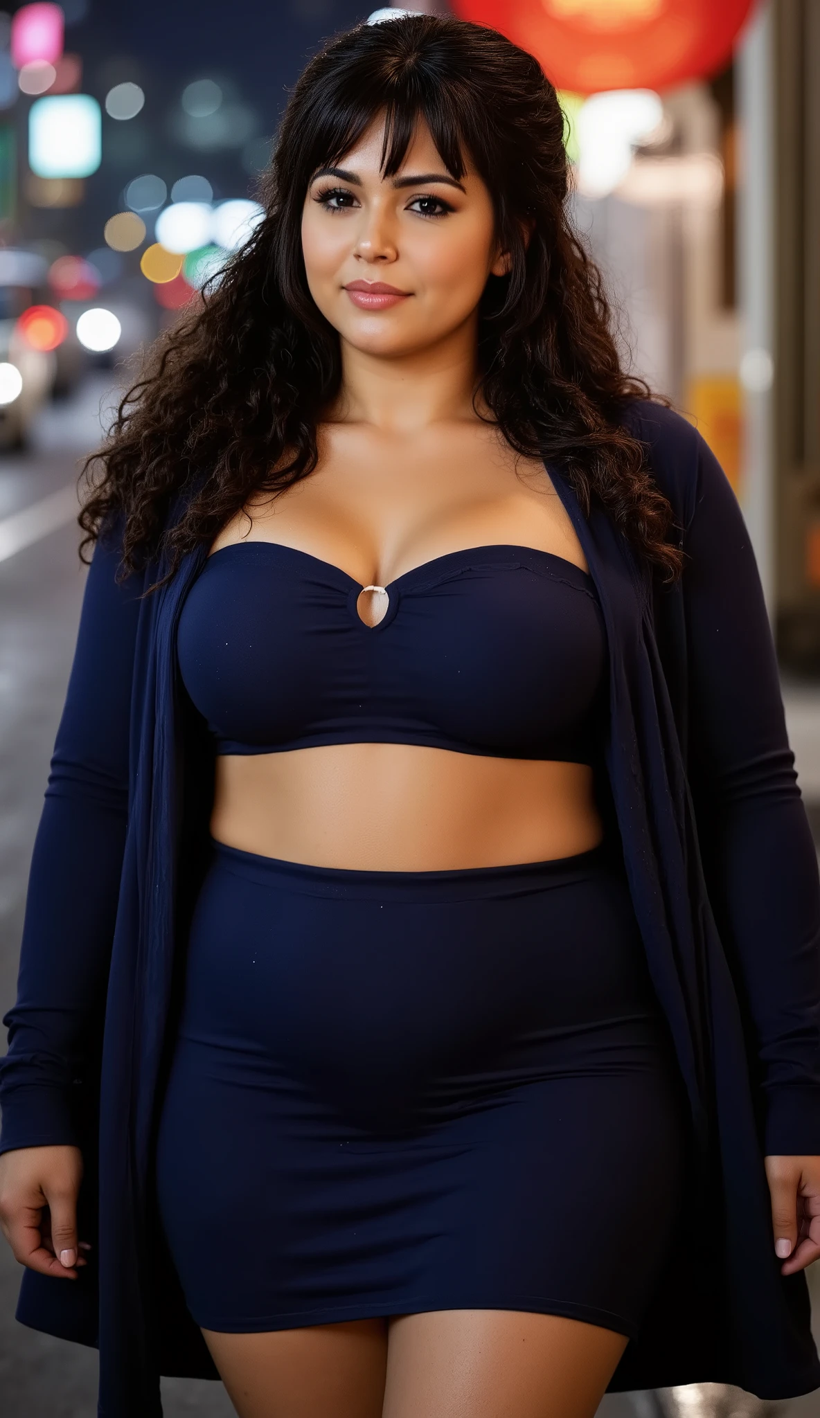 Beautiful sensual and erotic woman with a curvy body, long full black hair, bangs, loose bun, widest waist, thicc, beautiful fitting breasts, curvy accentuated booty, her detailed sparkling eyes are olive green with long eyelashes, sensual smile, thick thighs, Strong calves, taniaayusiregar, It is night, it is raining, a street scene from tokyo, people are not recognizable, she waits before a Restaurant, smiles uncertainly to the camera, She wears a cardigan and a elegant dark blue Strapless Crop Top and micro skirt , the dress is colored dark blue, photorealistic, Masterpiece, bokeh, Volumetric lighting, low light, sensual atmosphere, close up shot, picture is shot from the front