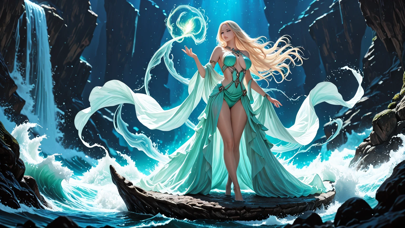 Illustration of a female water elemental, skin made of water, digital painting, digital art, 2D art, RPG-like (high details of face, eyes, nose, mouth, ears, hair ((silky and clean)), hands, arms , legs, feet, fingers ((hands and feet)), high quality, Full HD, 8K (full body)