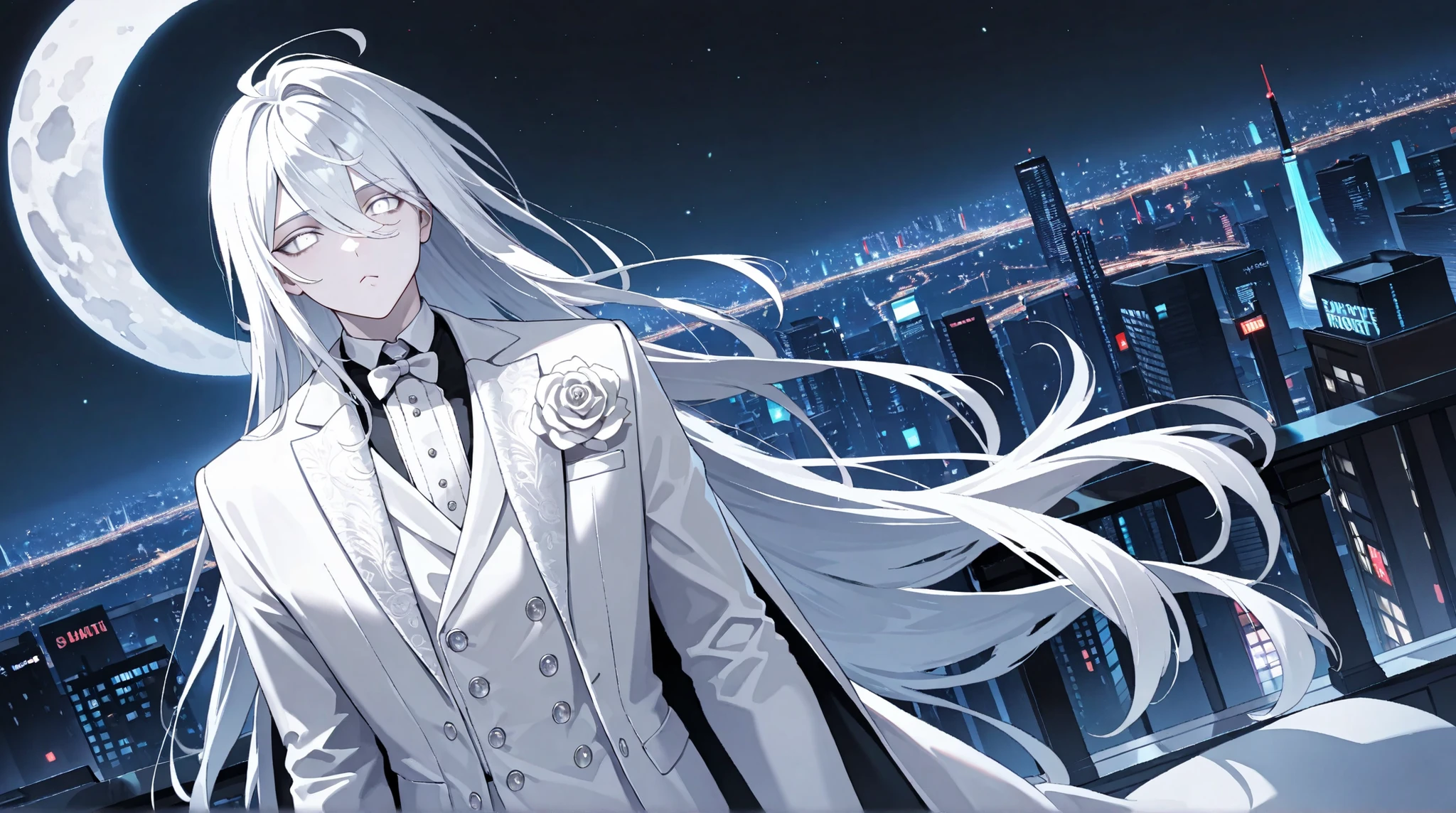 1boy, adult male,  (male focus), dramatic, (pale skin), Dapper model with extremely long white hair, white eyes(No pupil), solo, long hair, moon, night, white luxury suit, pouty lips, covered, futuristic city, detailed background, cinematic lighting, roses, fashion, ultra-detailed, intricate details,masterpiece, best quality, amazing quality, hyper-detailed, newest, very aesthetic 