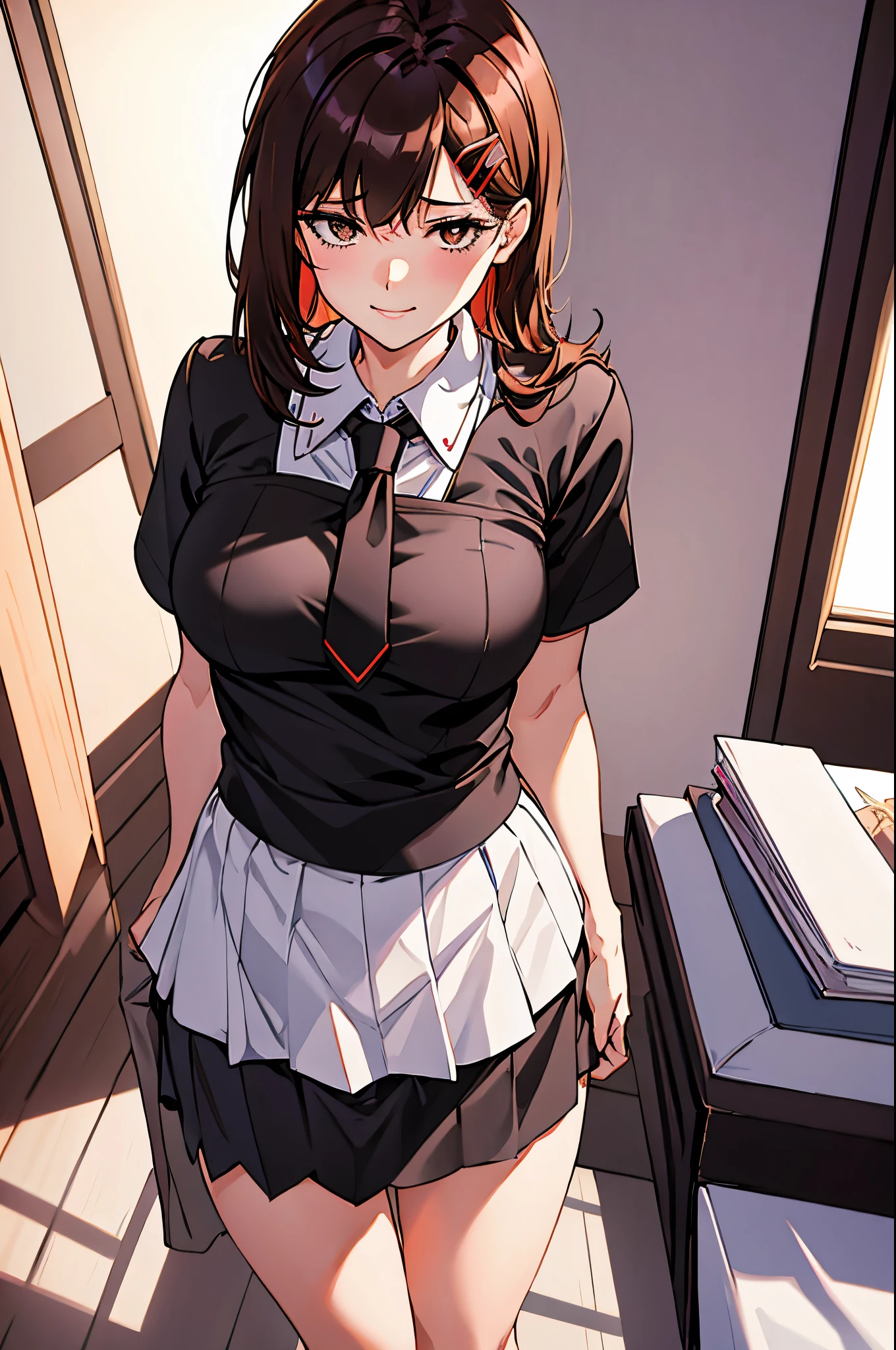 tmasterpiece,best qualtiy,ultra - detailed,illustratio,epic lighting,Cinematic compositions,isometry,1girll,独奏,adolable,with brown eye,black colored hair,sweeping bangs,Single hair,red hairclip,Blouse with white collar,black necktie,a black skirt,Formal,a captivating gaze,enchanting posture,inside in room,On-bed,looking at viewert,peeking out upper body,Be red in the face,Tempting smile,Shut your mouth,(8K:1.1),Over knee socks,Lift the skirt,The reveal panties,bumps,Metamorphosis is exposed,Lace pantie,Cute panties