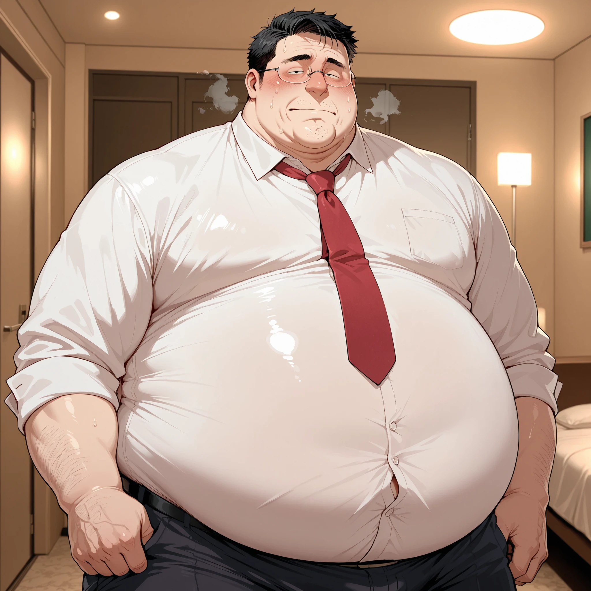obese guy,male focus,solo,cowboy shot ,(rimless glasses:0.5),black short hair,cleft chin,japanese ,narrow eyes,teacher,(long nose:0.5),love hotel room,in heat,red tie,big stomach,dress shirt,look at viewer,ugly,square face